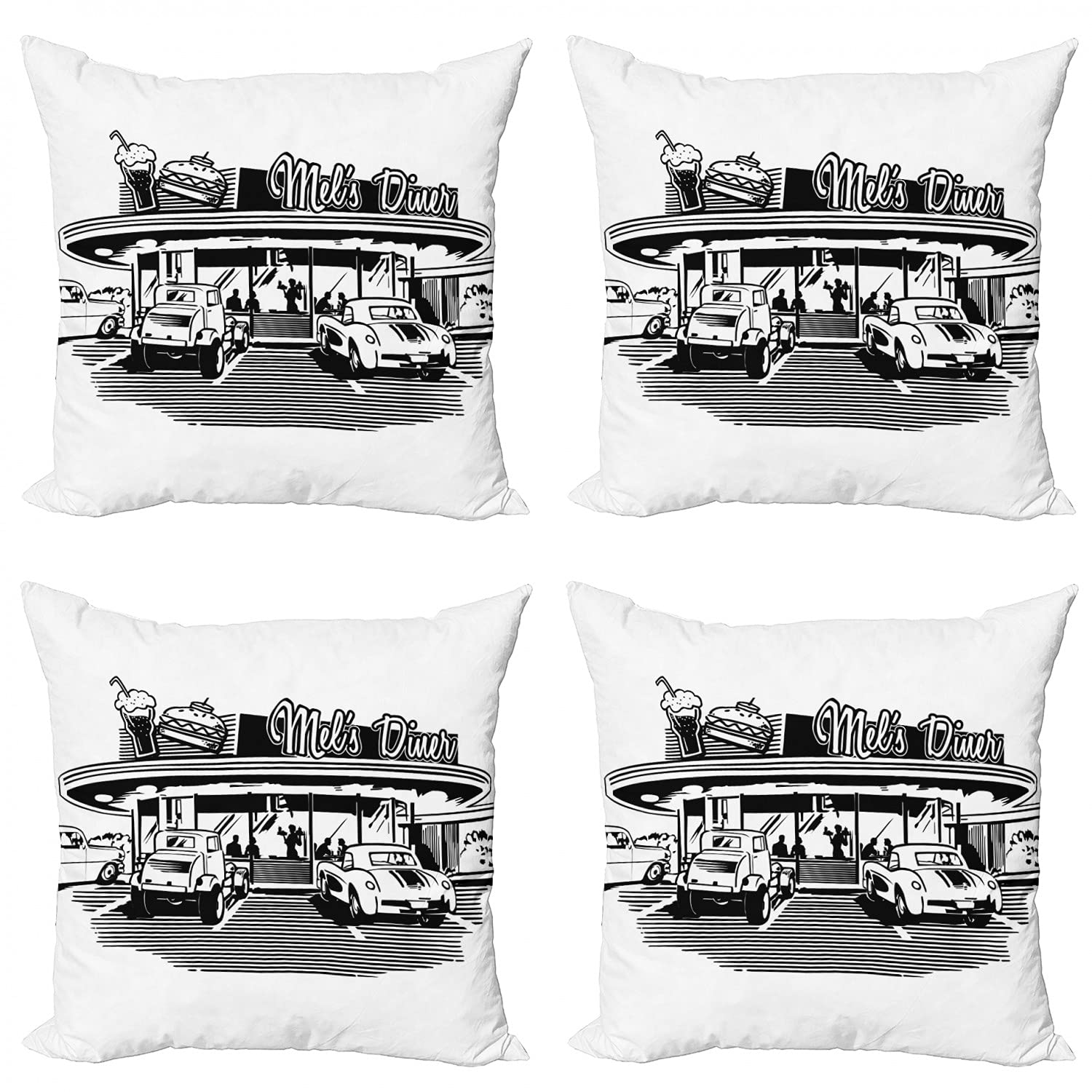 Ambesonne Retro Throw Pillow Covers Set of 4 - Vintage 1950s Diner & Classic Car Design, Double-Sided Digital Print, 16 Inch Black & White Decorative Cushion Covers - Perfect for Living Room Sofa, Bedroom Decor or Retro Home Accent