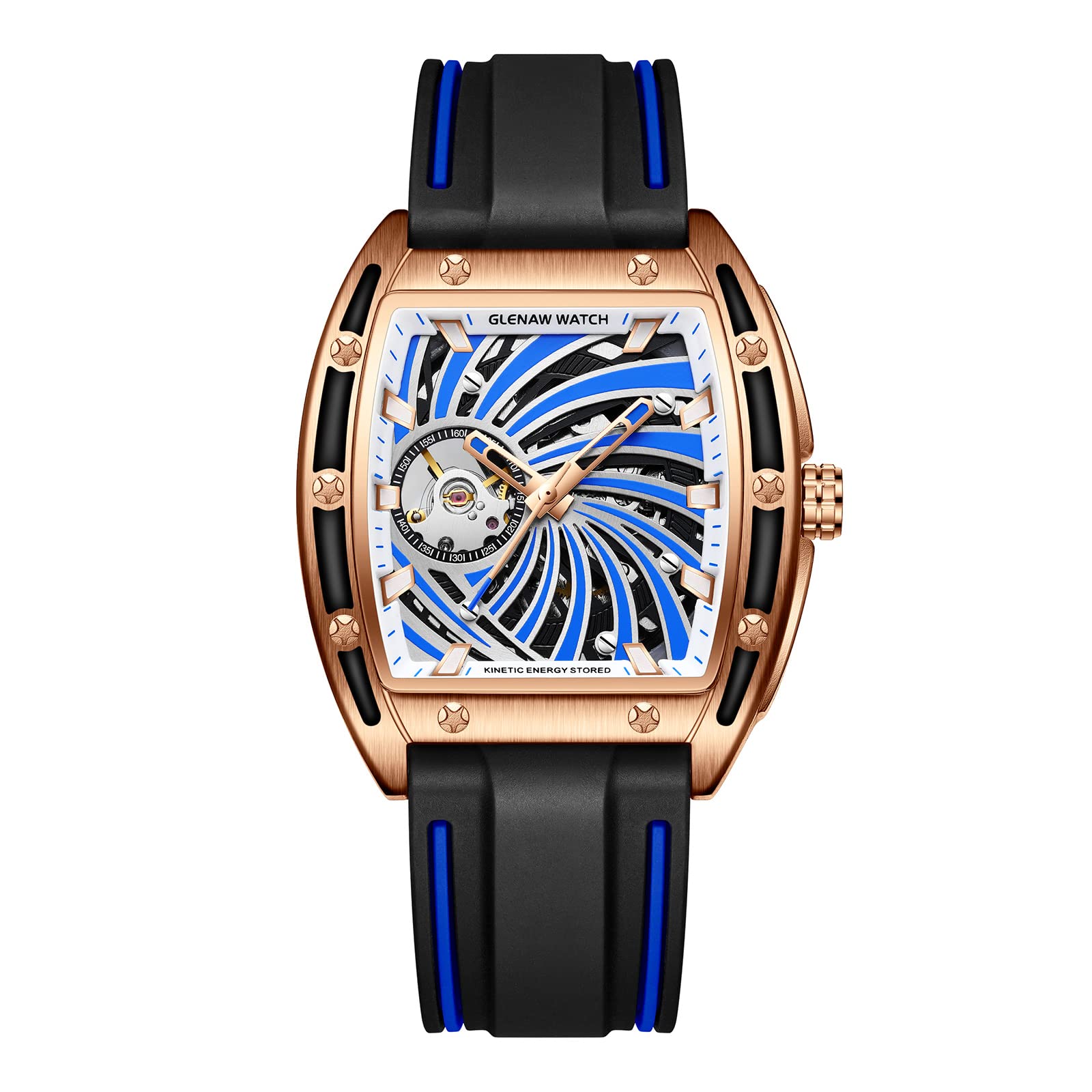 GLENAW Men's Automatic Skeleton Mechanical Watch - Waterproof Square Watch with Leather Band Strap - Perfect for Business, Casual & Formal Occasions
