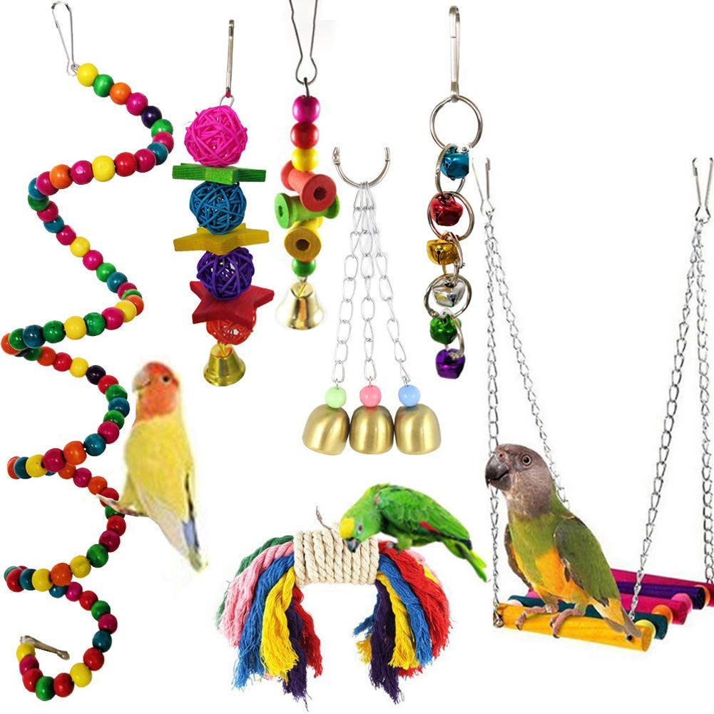 DX Wooden Hanging Parrot Hammock & Chew Toy Set - 7 Piece Bird Cage Accessories with Sepak Takraw Bell for Cockatiels, Parakeets, Lovebirds - Perfect for Cage Decoration & Bird Entertainment