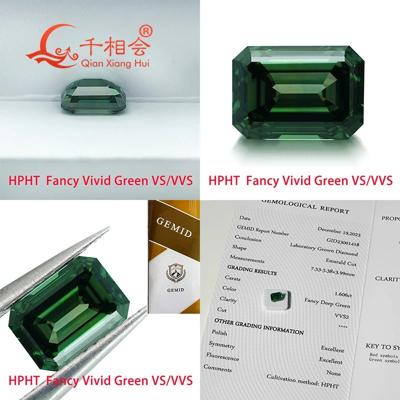 HPHT Lab-Grown Diamond - 0.5ct & 1.6ct Fancy Vivid Green Emerald Cut - VVS/VS Clarity - GEMID Certified Loose Stone for Jewelry Making & Engagement Rings