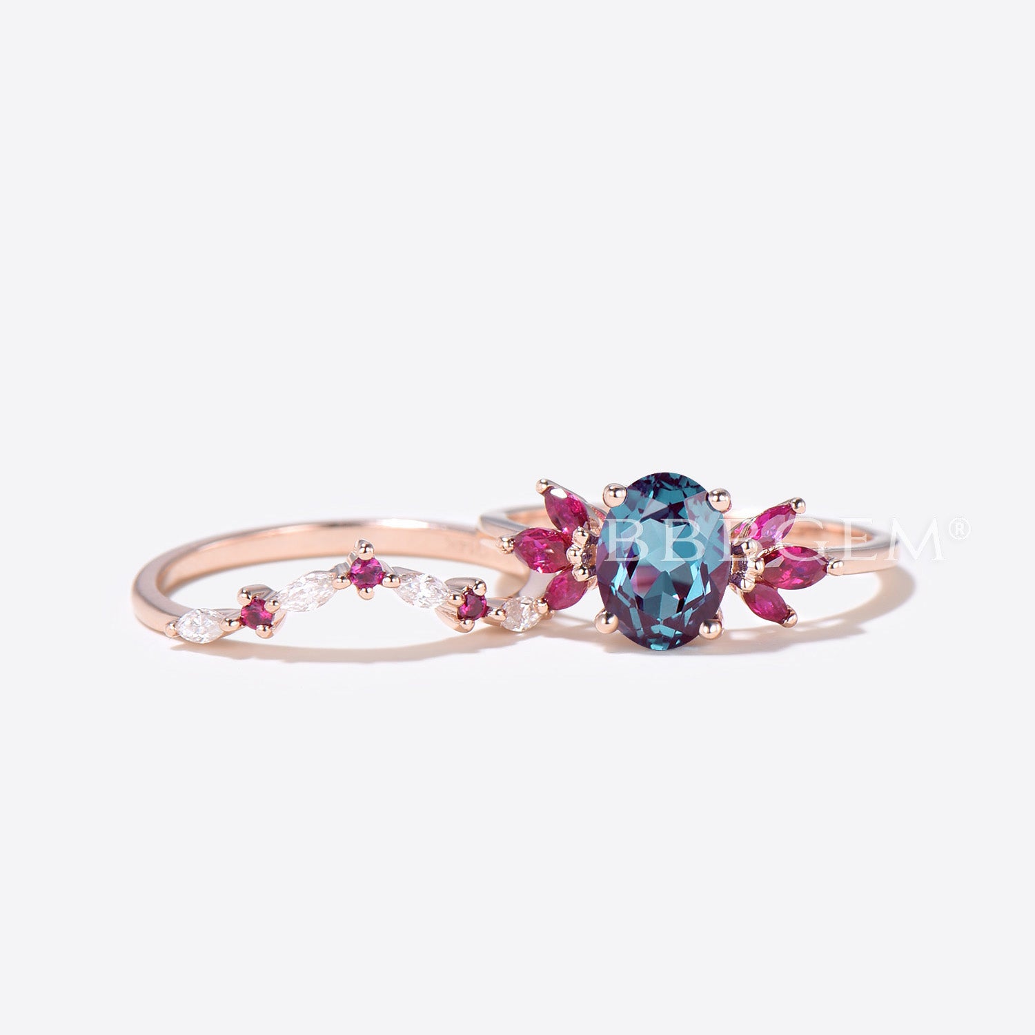 1.5CT Oval Cut Alexandrite & 7-Stone Ruby Engagement Ring Wedding Set - Perfect for Proposals, Anniversaries & Bridal Jewelry