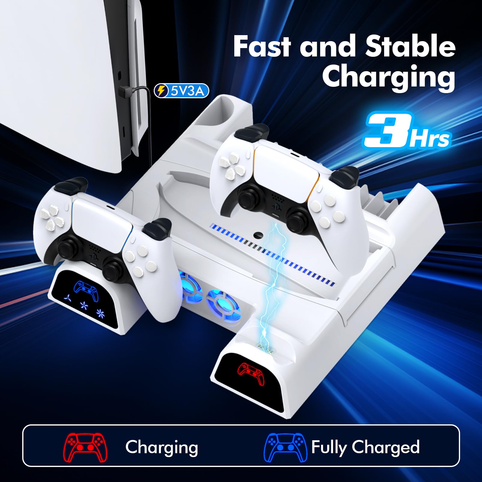 PS5 Slim & PS5 Cooling Stand with Dual Controller Charger - White Cooling Fan Station for PlayStation 5 Console | Includes Headset Holder & 11 Game Storage Slots | Perfect for Gaming Setups & Entertainment Centers