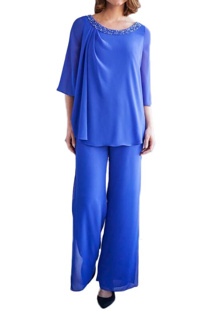 Elegant Plus Size Women's Beaded 3/4 Sleeve 2-Piece Pant Suit Set - Mother of The Bride Wedding Outfit for Special Occasions & Formal Events