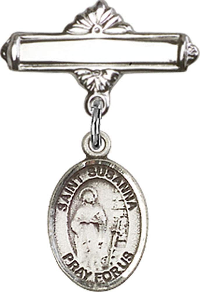 Sterling Silver Baby Badge with St. Susanna Charm & Polished Pin - Handmade in USA - Perfect for Christening, Baptism & First Communion Gifts