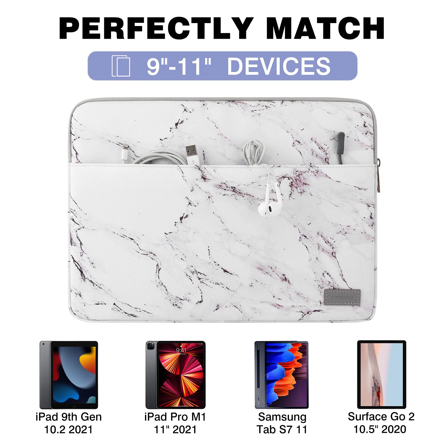 MoKo 9-11 Inch Tablet Sleeve Case for iPad Pro 11 M4/Air M2, iPad Air 5/4/3, iPad 10/9/8/7 - Protective Marble Design - Perfect for Travel, Office & School Use
