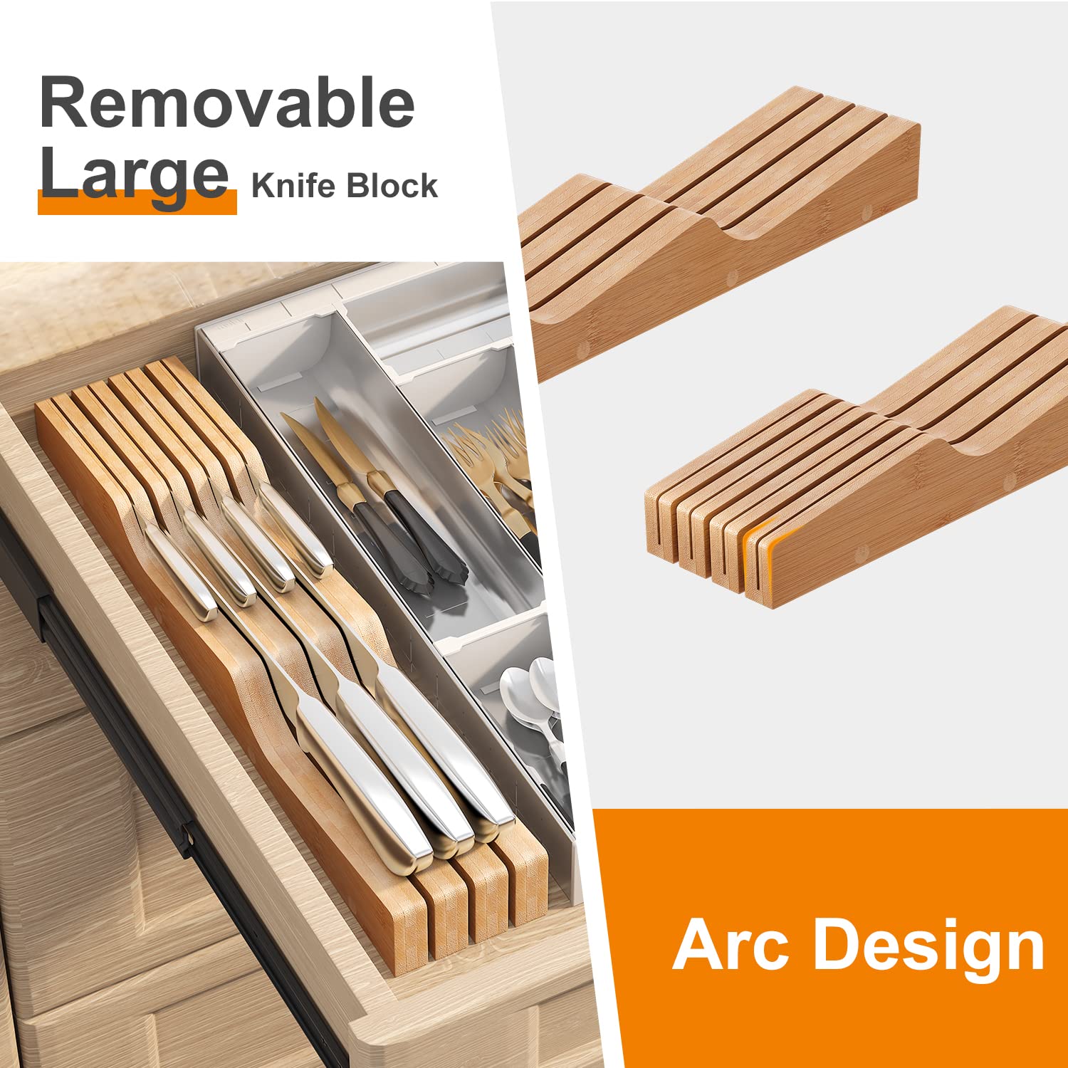 Bamboo Wood In-Drawer Knife Organizer Block - Holds 7 Knives (Knives Not Included) - Perfect for Kitchen Drawer Storage & Knife Protection