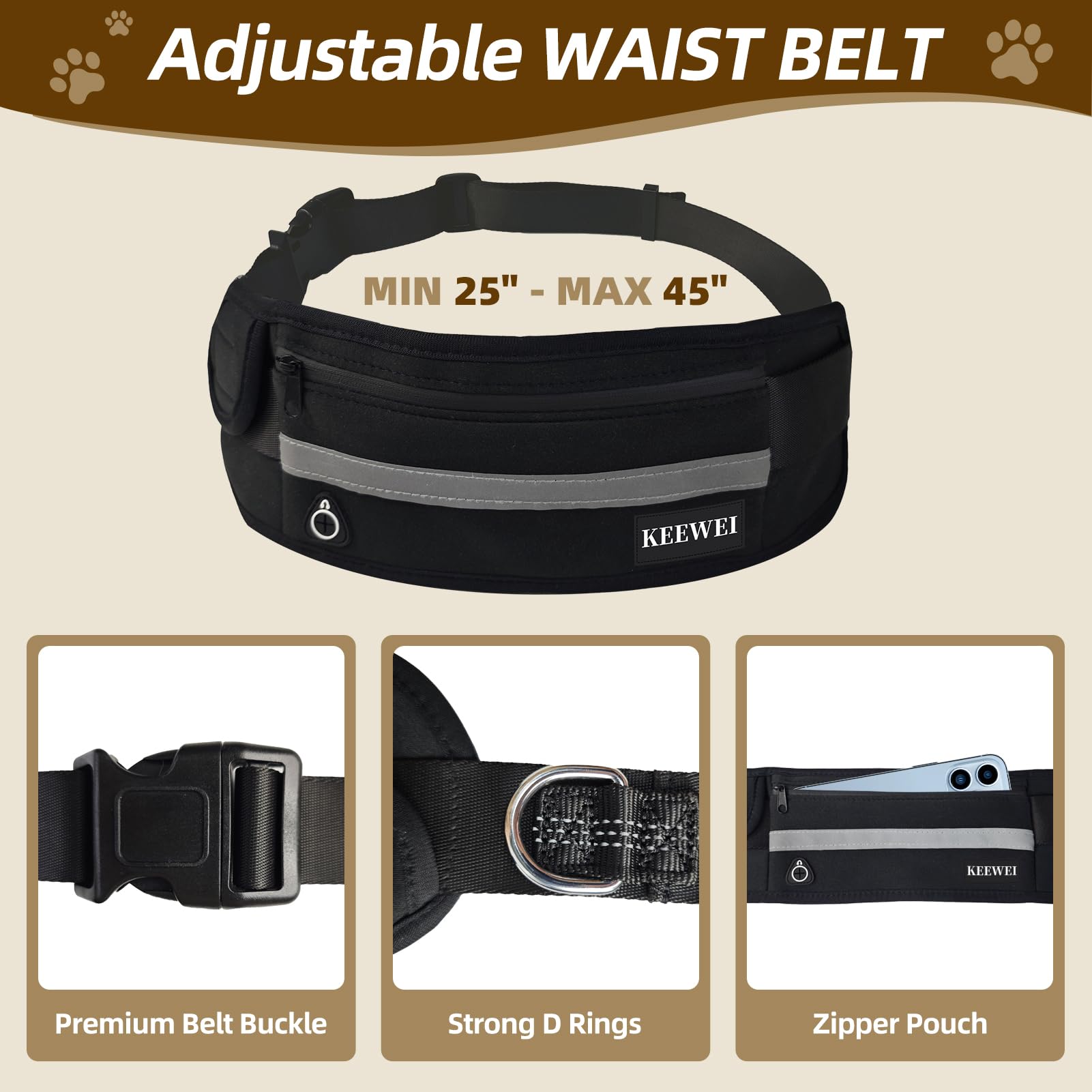Hands Free Dog Leash with Zipper Pouch - Dual Padded Handle Waist Belt for Small & Medium Dogs | Retractable Bungee Leash with Reflective Stitches | Perfect for Running, Walking, Jogging & Training (Black)