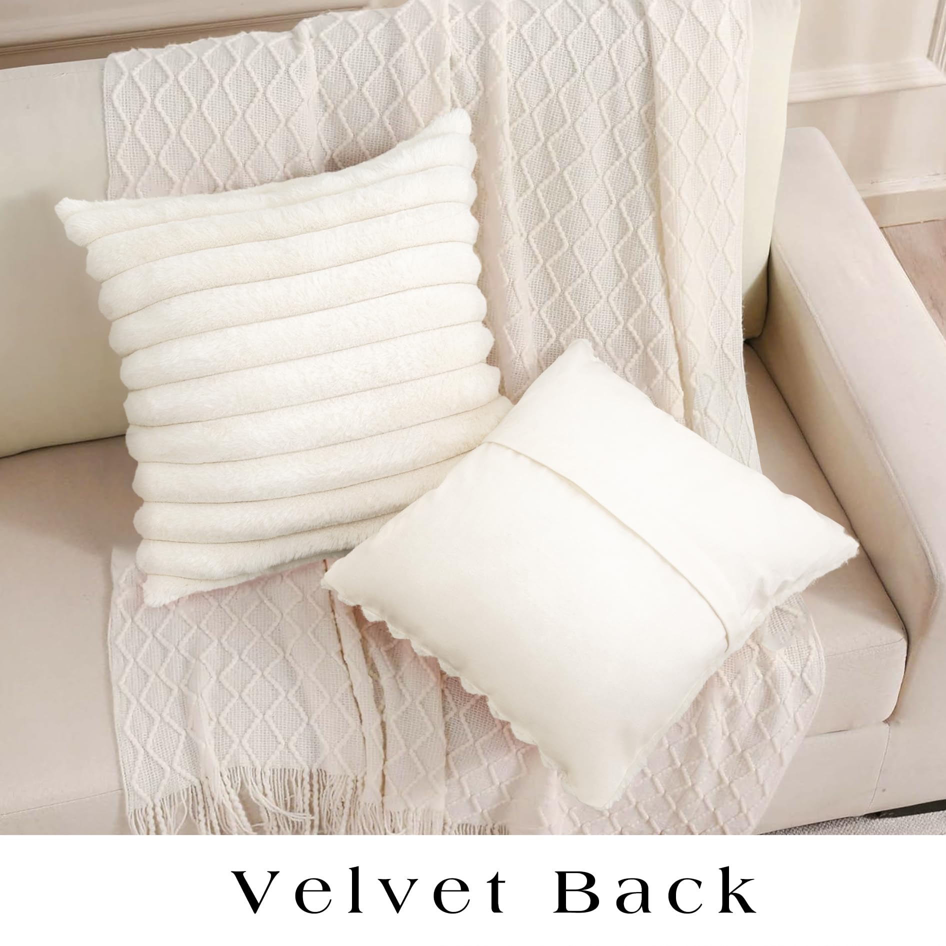 Luxury Faux Fur Throw Pillow Cover Set of 2 - Super Soft Fuzzy Striped Pillowcase for Sofa, Couch & Bedroom - 18x18 Inch (45cm) White - Perfect for Home Decor, Living Room Accent & Cozy Winter Nights