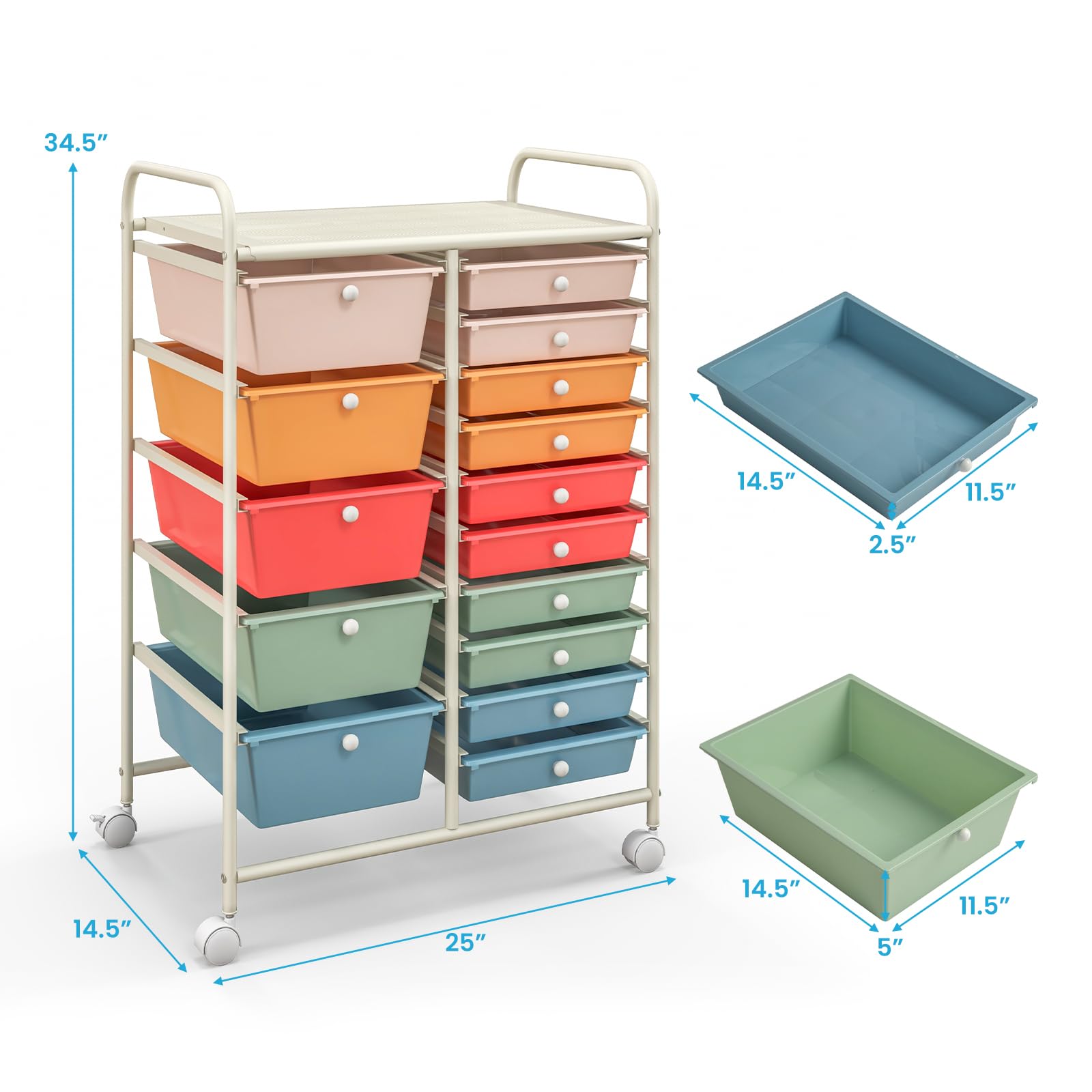 Giantex 15-Drawer Rolling Storage Cart with Wheels - Mobile Organizer for Classroom, Office, Home, School, Craft & Art Supplies - Perfect for Teachers, Students & DIY Projects
