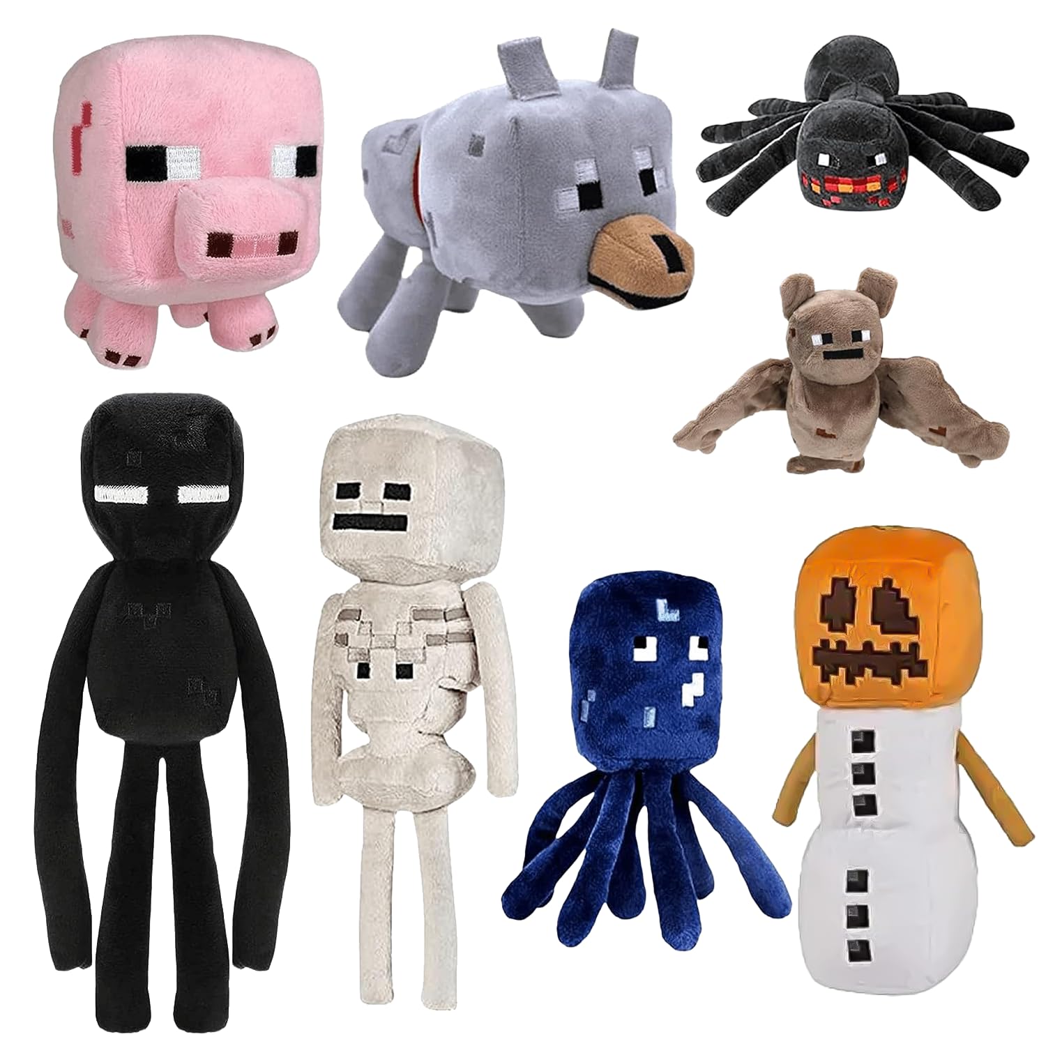8 Pack Minecraft Plush Toys - Snow Golem, Enderman, Baby Wolf, Pig, Spider, Bat, Skeleton & Squid Stuffed Animals - Soft Cuddly Toys for Kids, Birthday Gifts & Minecraft Fans - Perfect for Bedroom Decor, Party Favors and Video Game Collectibles