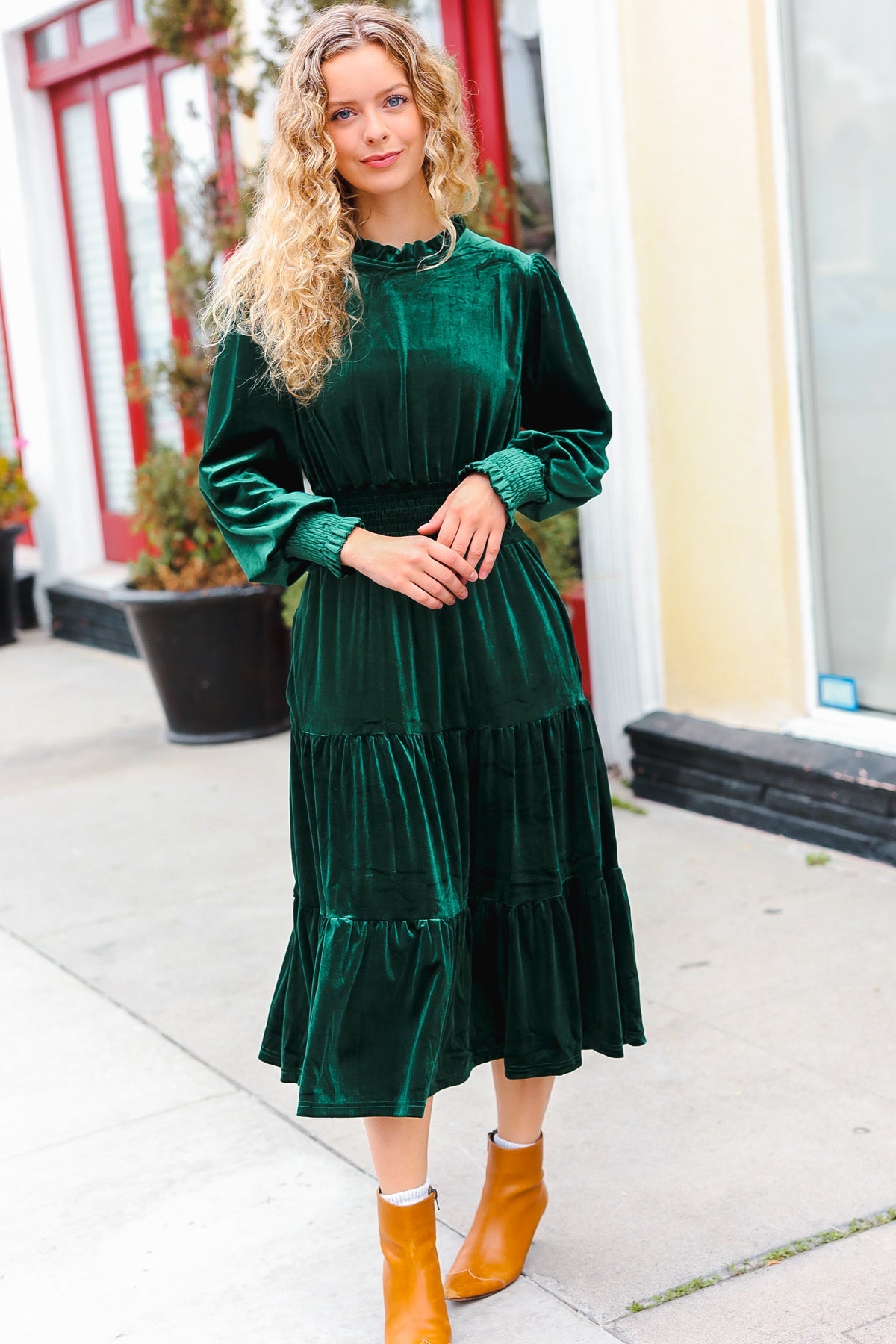 Holiday Dreaming Hunter Green Velvet Mock Neck Smocked Waist Dress for Women - Elegant Holiday Party & Christmas Dinner Outfit