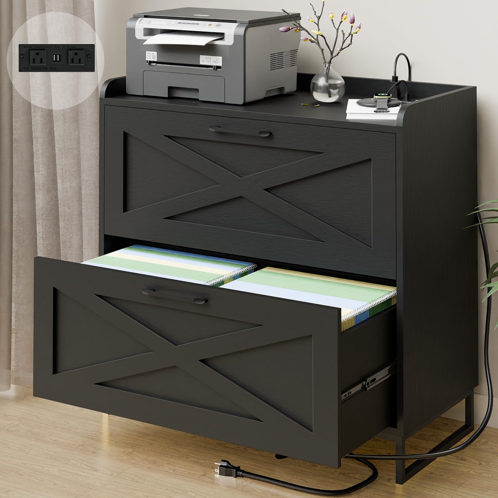 2-Drawer Lateral File Cabinet with Built-in Charging Station - Legal/Letter/A4 Hanging File Storage - Modern Farmhouse Wood Office Furniture (Black) - Perfect for Home Office Organization & Printer Stand
