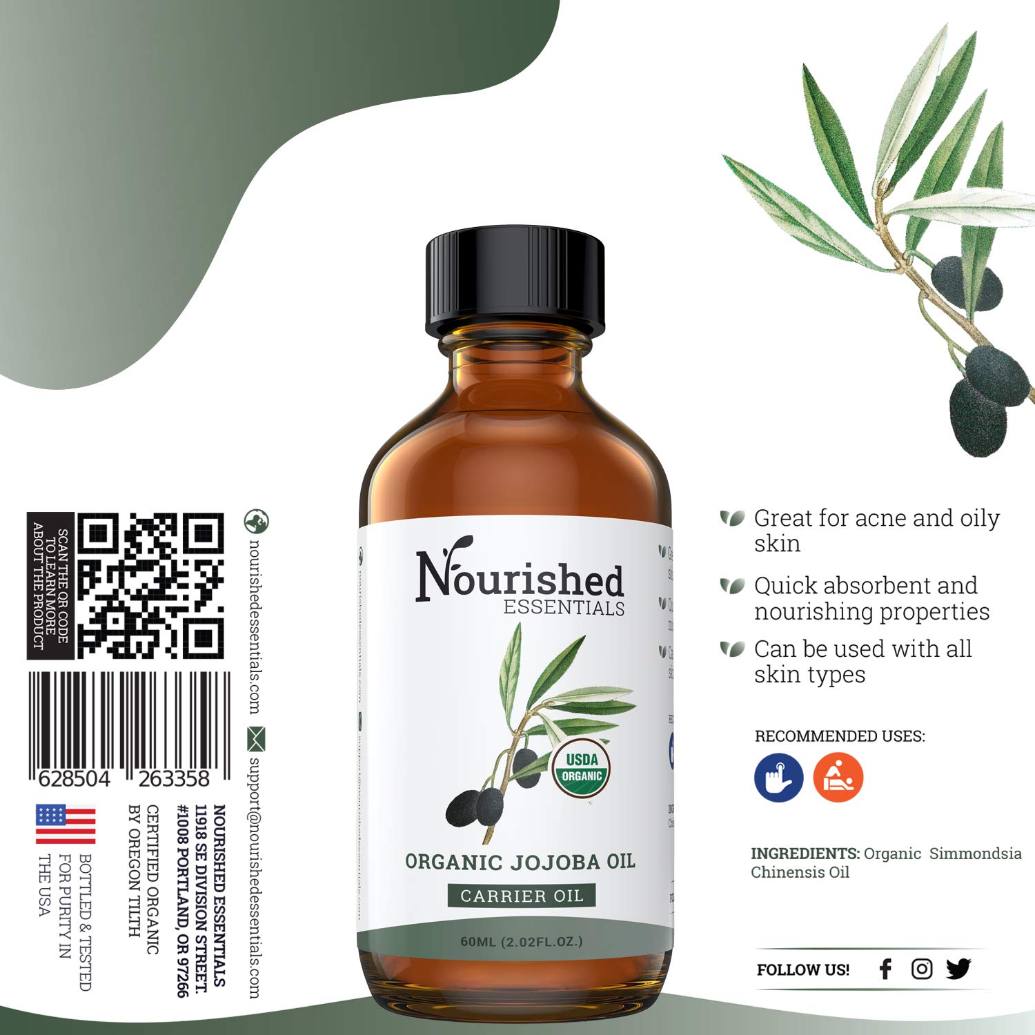 Organic Jojoba Oil - 60ml (2 fl.oz) by Nourished Essentials | 100% Pure Natural Hydrating Carrier Oil for Skin, Hair & Nail Care | Perfect for DIY Essential Oil Blends, Massage & Aromatherapy | Cruelty-Free & Vegan