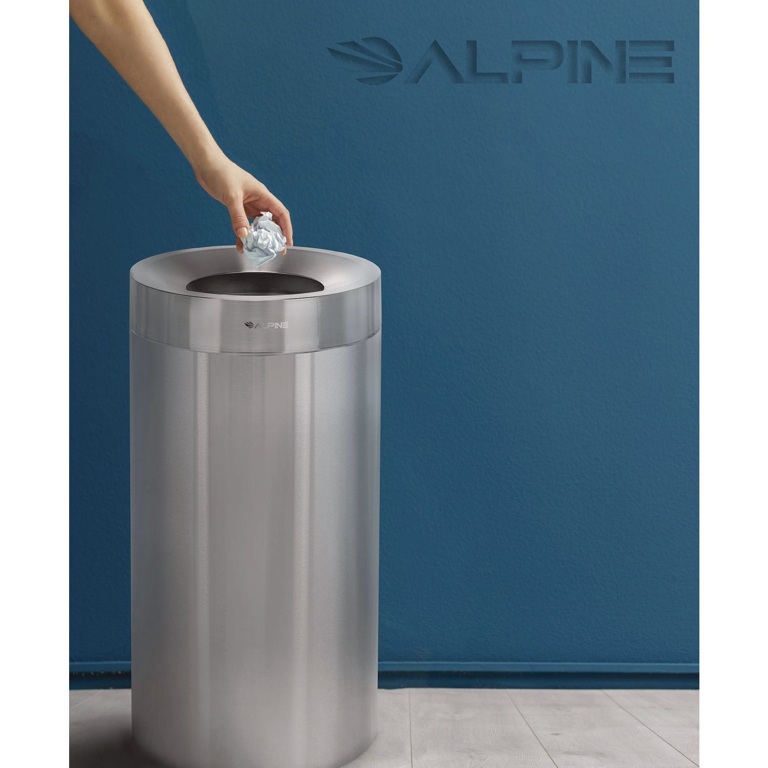 Alpine Industries 27 Gallon Stainless Steel Commercial Trash Can with Lid - Heavy Duty Brushed Metal Indoor Garbage Bin for Kitchen, Office & Restaurant Use