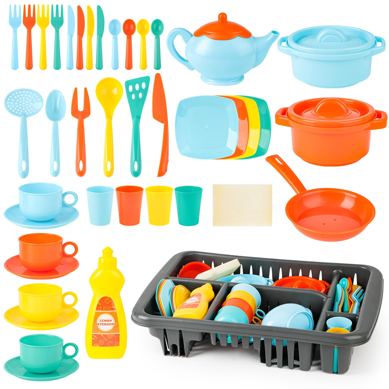**41PCS Kids Pretend Play Kitchen Set - Durable Toy Dishes & Tableware with Drainer for Boys & Girls - Perfect for Role Play, Birthday Gifts & Early Learning Development**