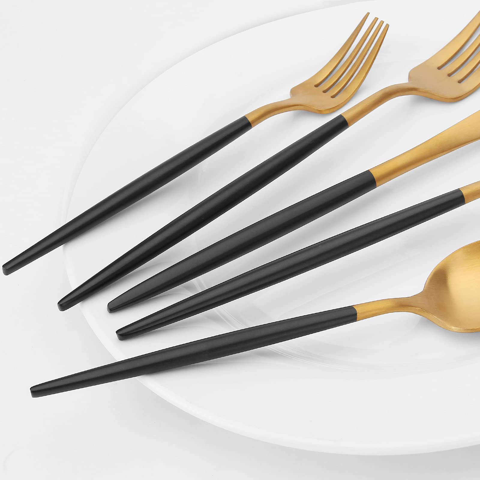 Matte Gold Silverware Set with Black Handle - Vanys 20-Piece Stainless Steel Flatware Cutlery Set for 4, Includes Knives, Spoons & Forks - Satin Finish Polished - Perfect for Dinner Parties, Weddings & Everyday Dining