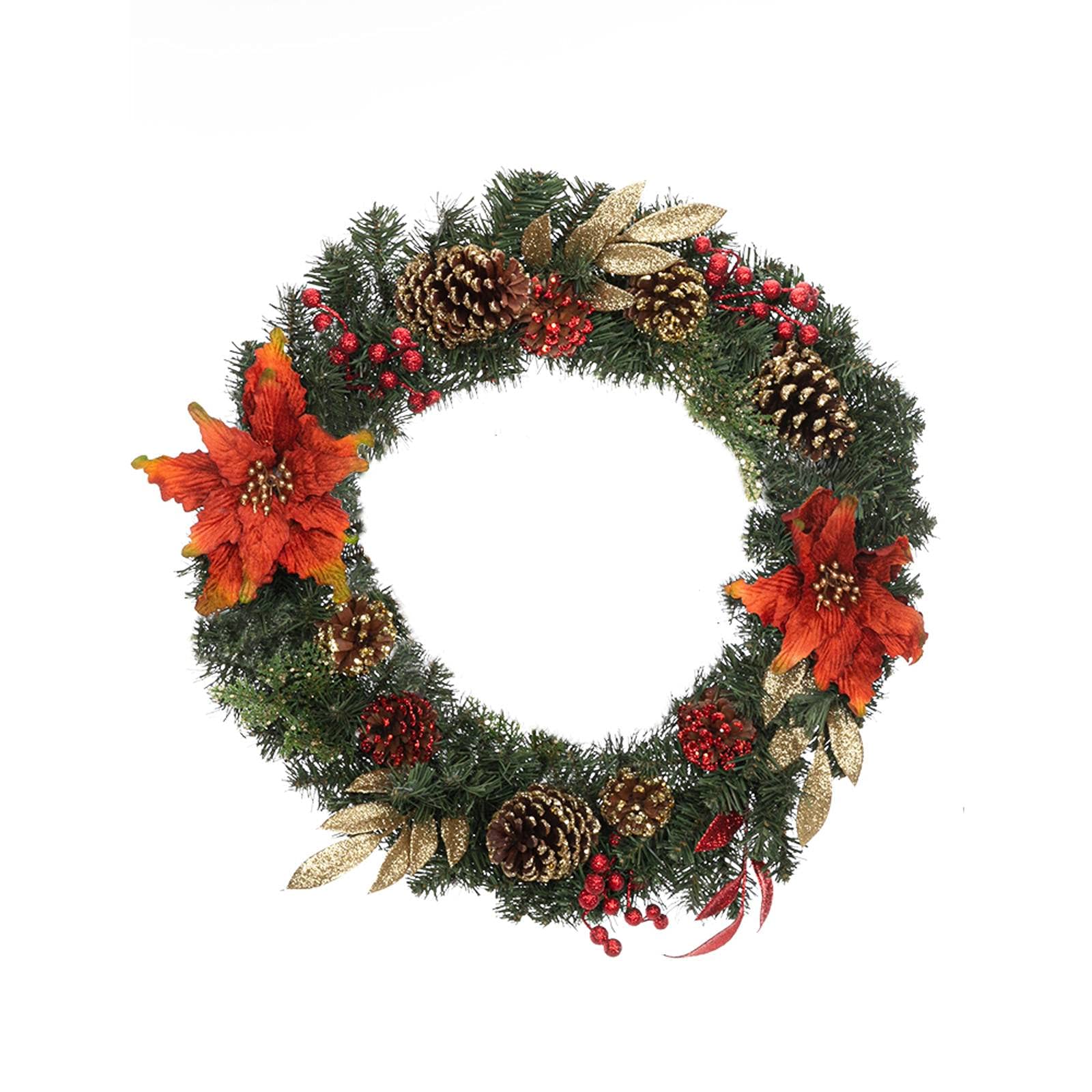 NA Artisasset Christmas Wreath with Red Flowers & Pine Cones - Elegant Holiday Door Decor for Festive Home & Office