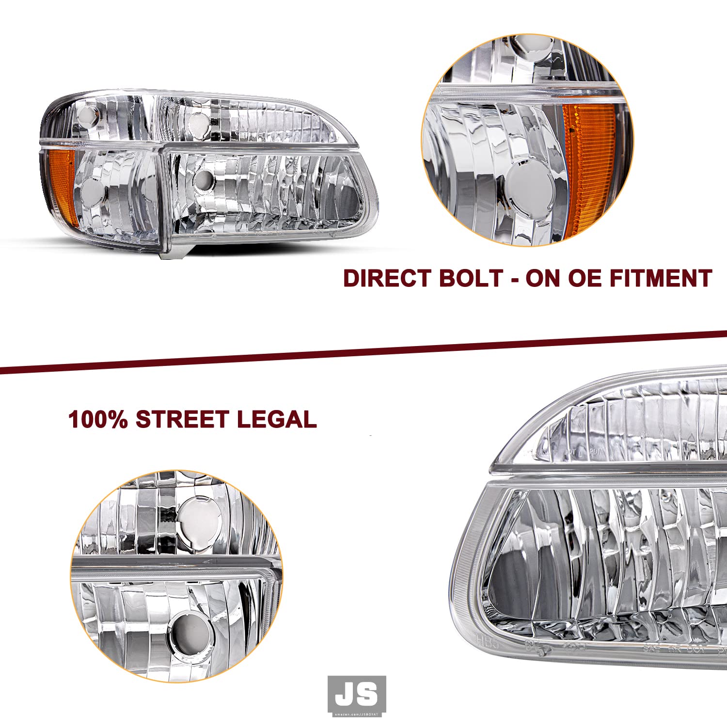 JSBOYAT Headlight Assembly Replacement with Bulbs for 1995-2001 Ford Explorer & 1997 Mercury Mountaineer - Driver & Passenger Side w/Corner Lights (4-Piece Set, Chrome Housing with Amber Reflector) - Perfect for Night Driving & Off-Road Adventures