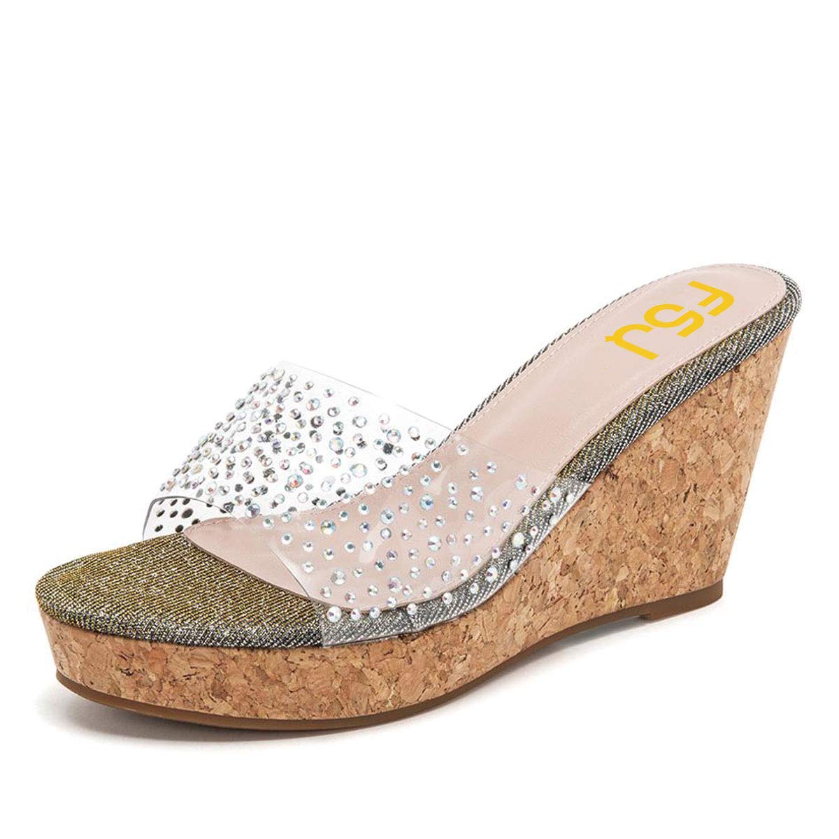 FSJ Women's Rhinestone Studded PVC Slide Wedge Sandals - Open Round Toe Crystal High Heel Platform Mules - Comfortable Casual Slippers for Ladies US Size 4-15 | Perfect for Summer, Beach, Parties & Everyday Wear