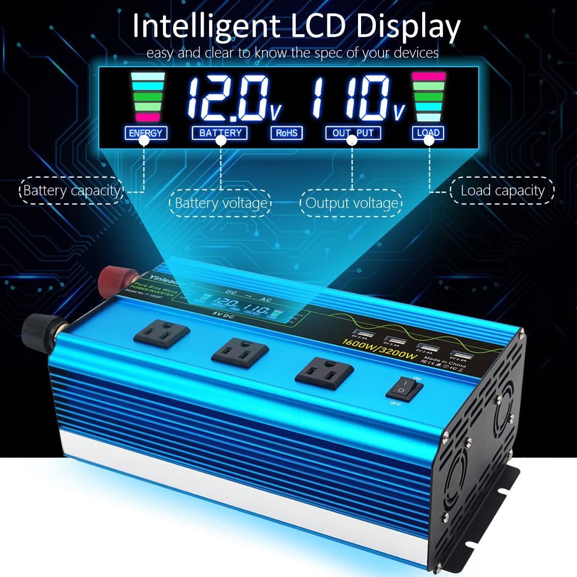 Yinleader 1600W Pure Sine Wave Power Inverter - DC 12V to AC 110V Converter with LCD Display, Wireless Remote, 3 Outlets & 4 USB Ports - Ideal for Cars, Trucks, RVs, Home Use & Charging Laptops, Phones, Appliances