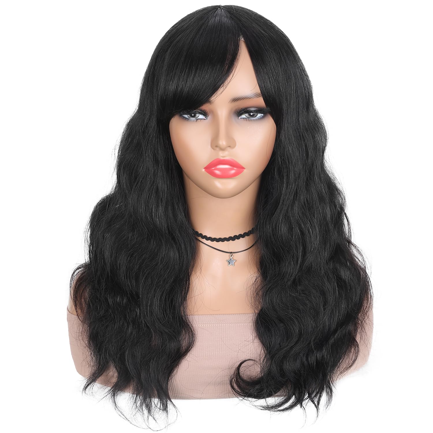 WIGER 20 Inch Natural Wave Human Hair Wig with Bangs - Brazilian Virgin Hair, Glueless Lace Front Wig for Black Women - Realistic Hairline, Loose Wavy Curly Style (Lace Scalp) - Perfect for Daily Wear, Cosplay & Special Occasions