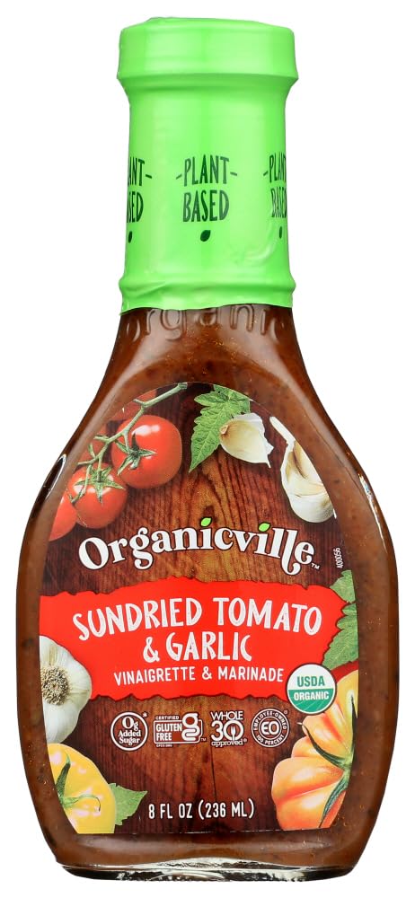 Organicville Sun Dried Tomato Garlic Vinaigrette - 12 Pack (8 Oz Each) | Premium Organic Salad Dressing | Perfect for Salads, Pasta & Marinades