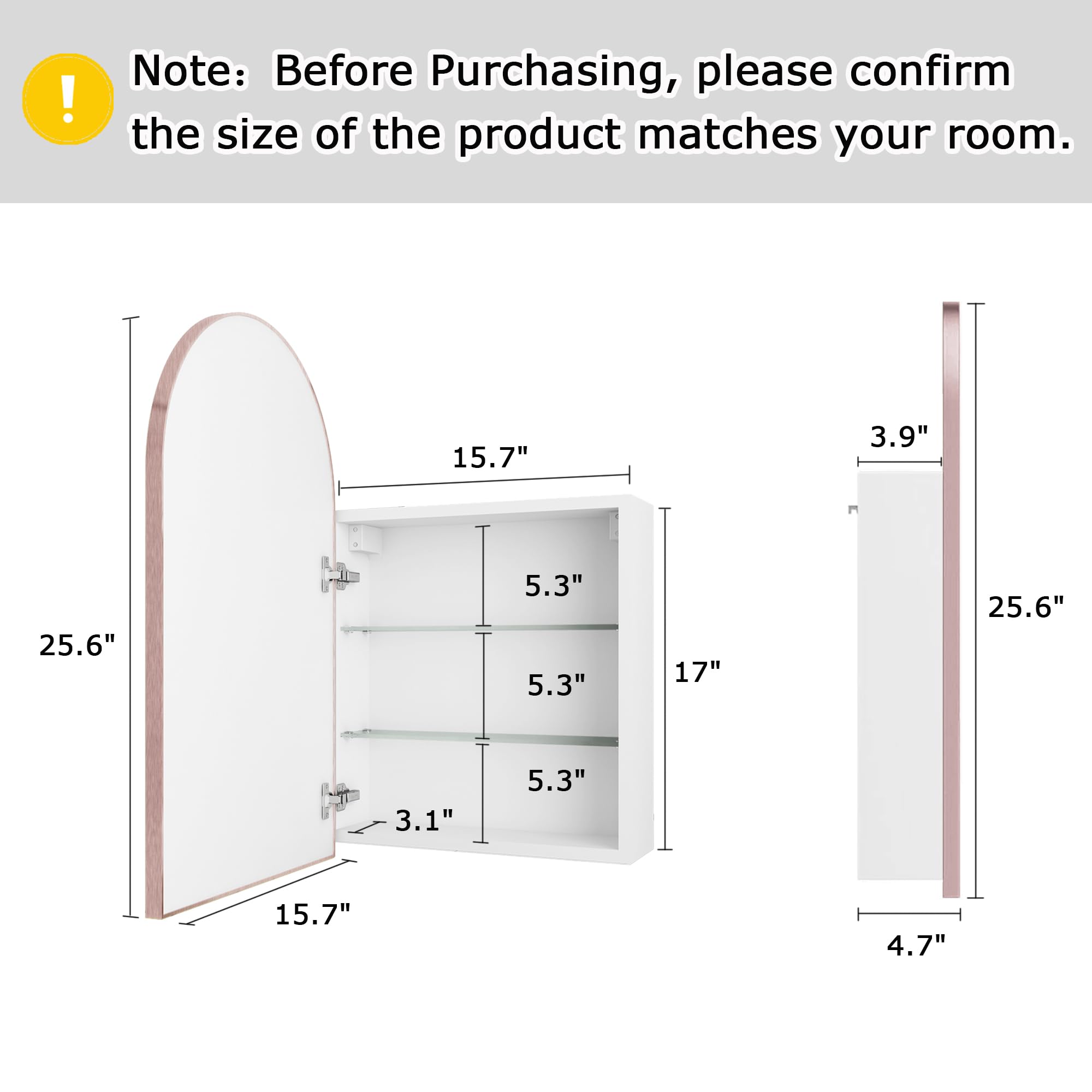 FKWin Arched Medicine Cabinet with Mirror - 16x26 Inch Rose Gold Aluminum Alloy Brushed Frame, Wall Mounted Bathroom Storage Mirror with 2 Adjustable Shelves, Surface Mount Vanity Mirror (Not Recessed) - Perfect for Small Bathrooms, Powder Rooms & Modern Home Decor