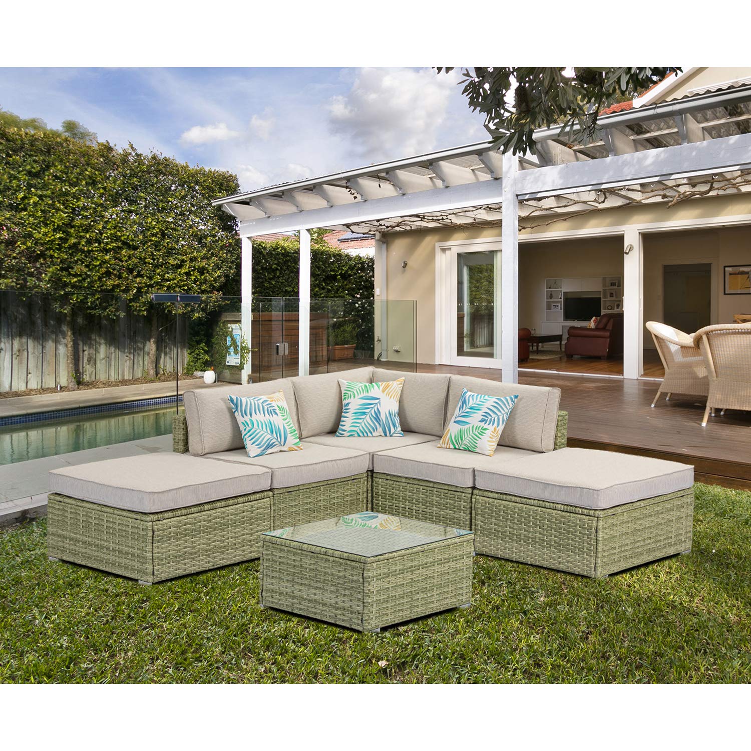 HOMPUS 6-Piece Outdoor Sectional Sofa Set - All-Weather Wicker Patio Furniture with Beige Jacquard Cushions, Glass Coffee Table & 3 Decorative Pillows - Perfect for Garden, Backyard, Poolside or Terrace Relaxation