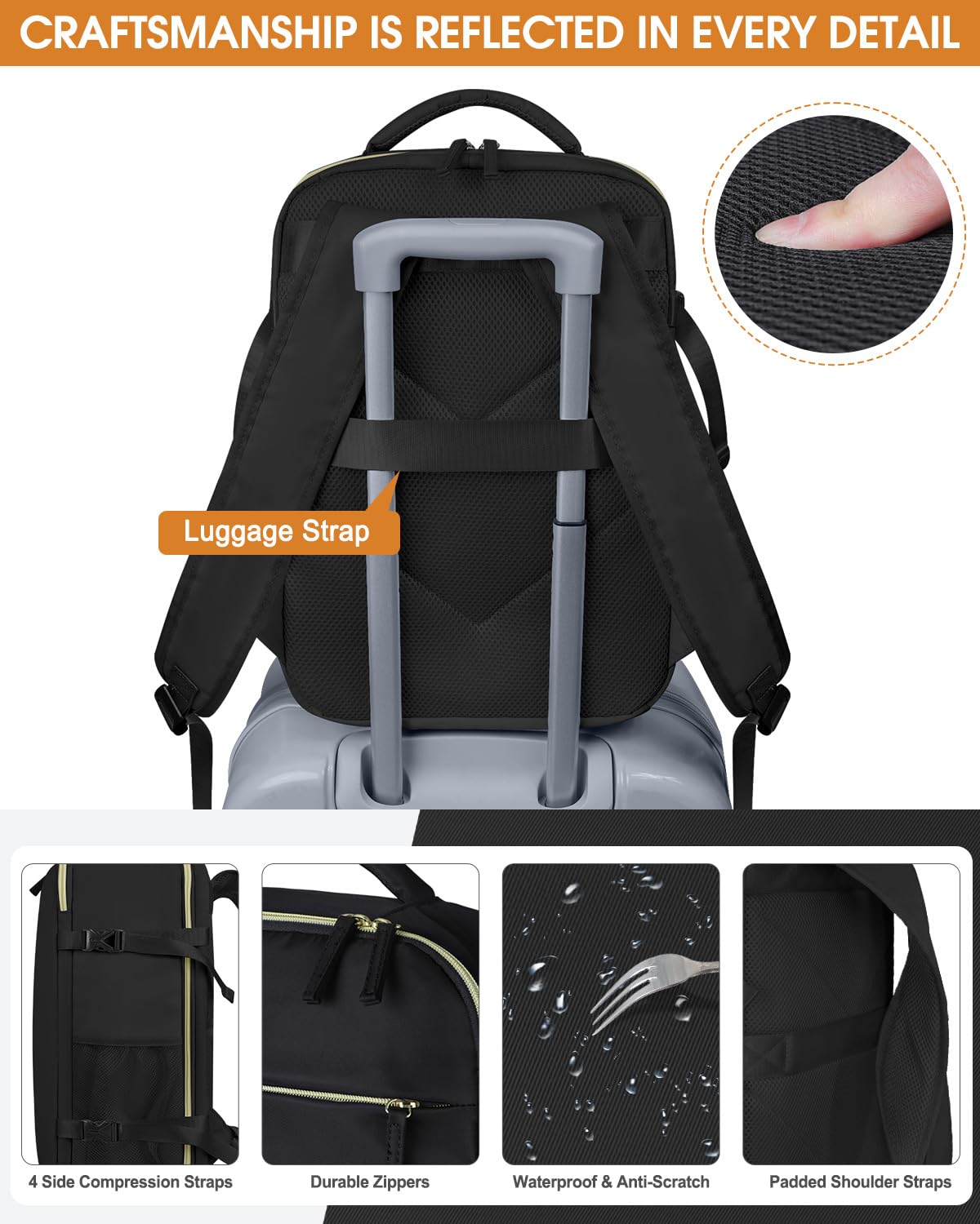 Waterproof Travel Backpack for Women & Men - Airline Approved Carry On Laptop Backpack Fits 15.6 Inch Computer - Business, Work & Travel Bookbag (Black) | Perfect for Commuting, Business Trips & Weekend Getaways