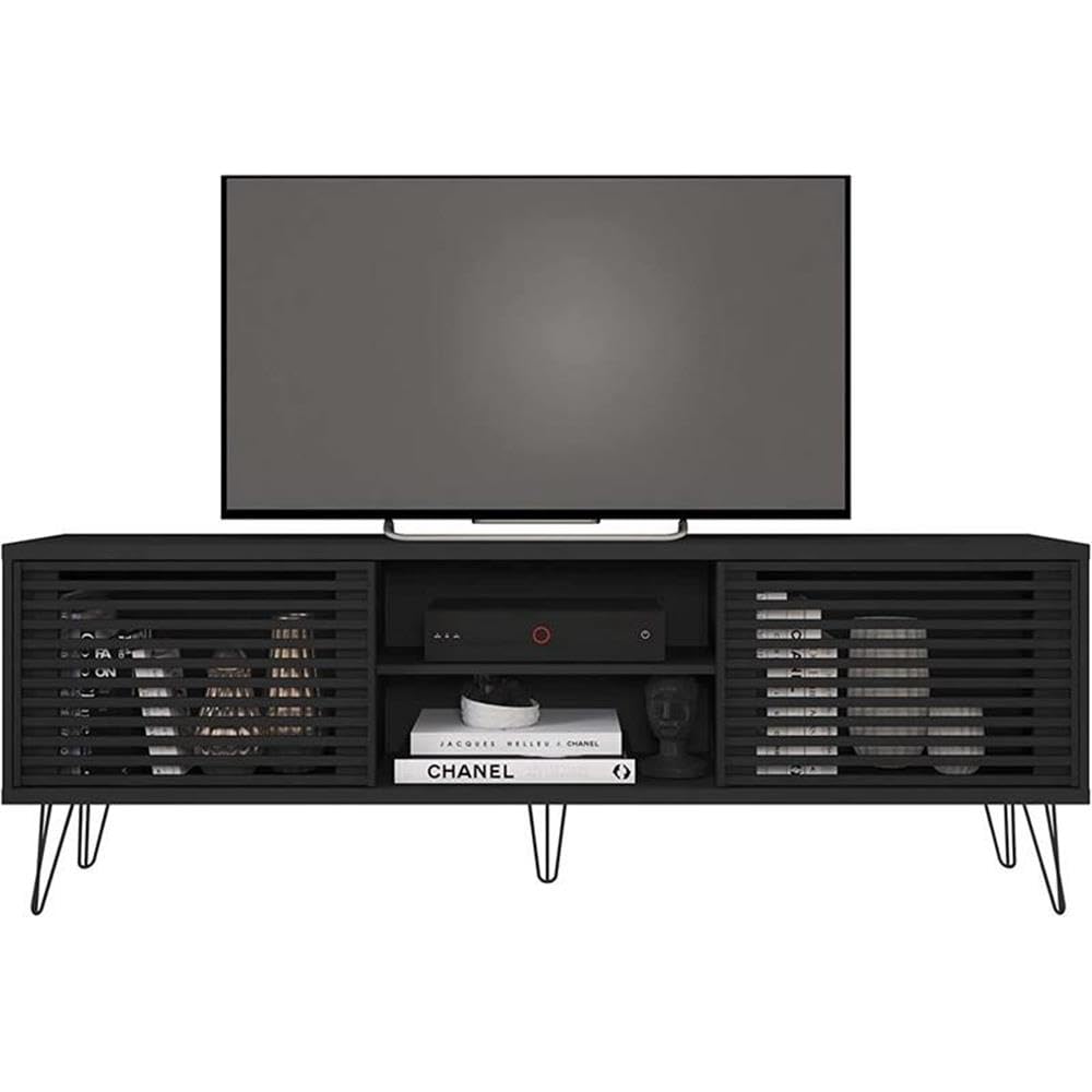 Better Home Products Black Mid-Century Modern TV Stand for 70 Inch Flat Screen - Perfect for Living Room, Home Theater & Entertainment Center Setup