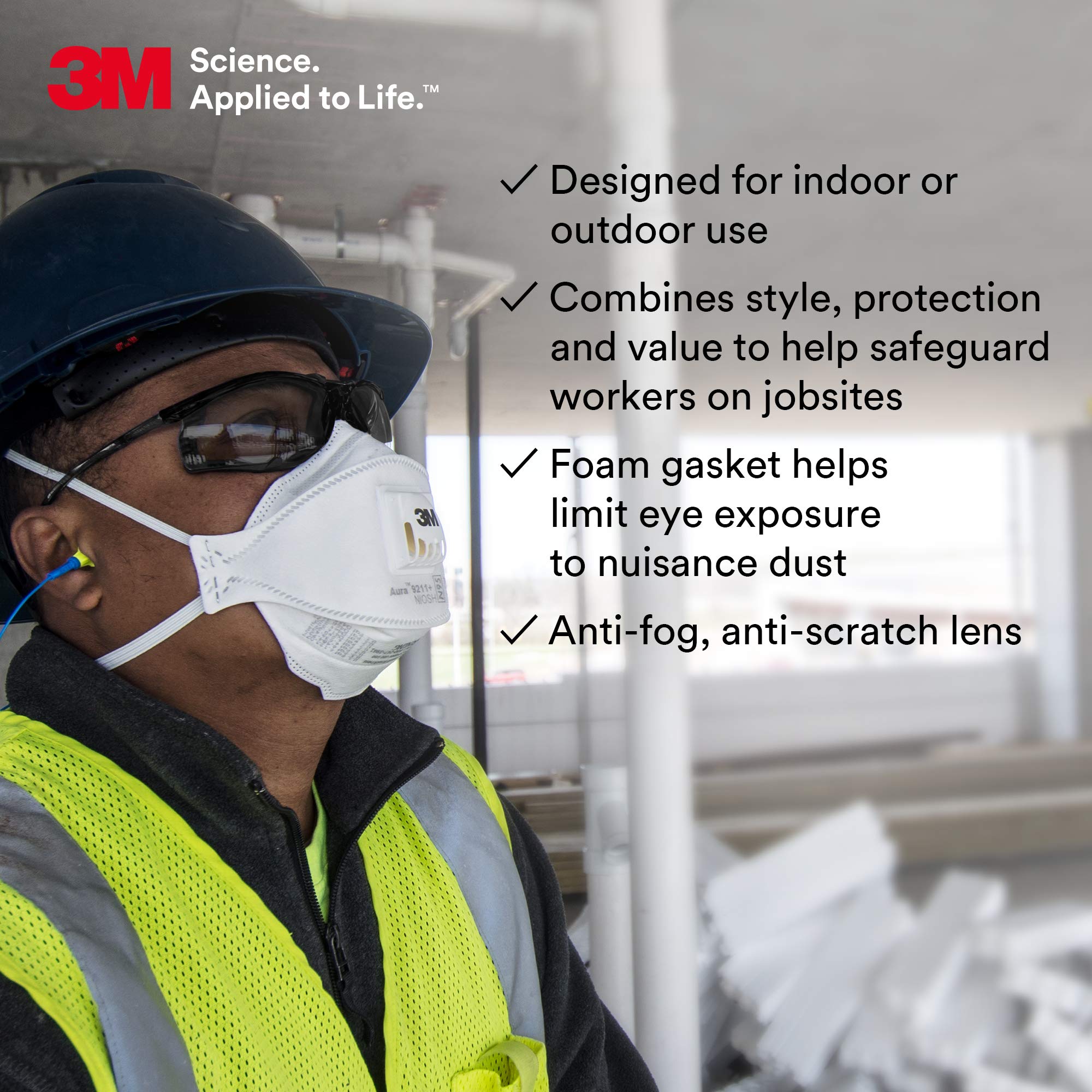 3M Virtua CCS Safety Glasses ANSI Z87.1 Certified, Anti-Fog Gray Lens with Black Frame - Corded Ear Plug System & Removable Foam Gasket for Construction, Woodworking, and Industrial Safety Protection