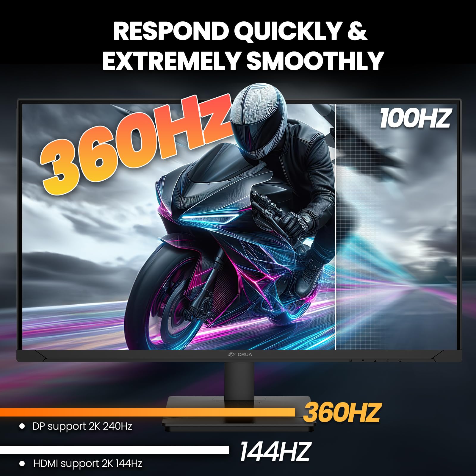 CRUA 27-Inch 360Hz Gaming Monitor, QHD 1440P IPS Display, 100% sRGB, Built-in Speakers, Height/Pivot/Swivel/Tilt Adjustable, FreeSync, DP & HDMI, Wall Mountable - Black - Perfect for Competitive Gaming, Streaming, and Home Office Setup