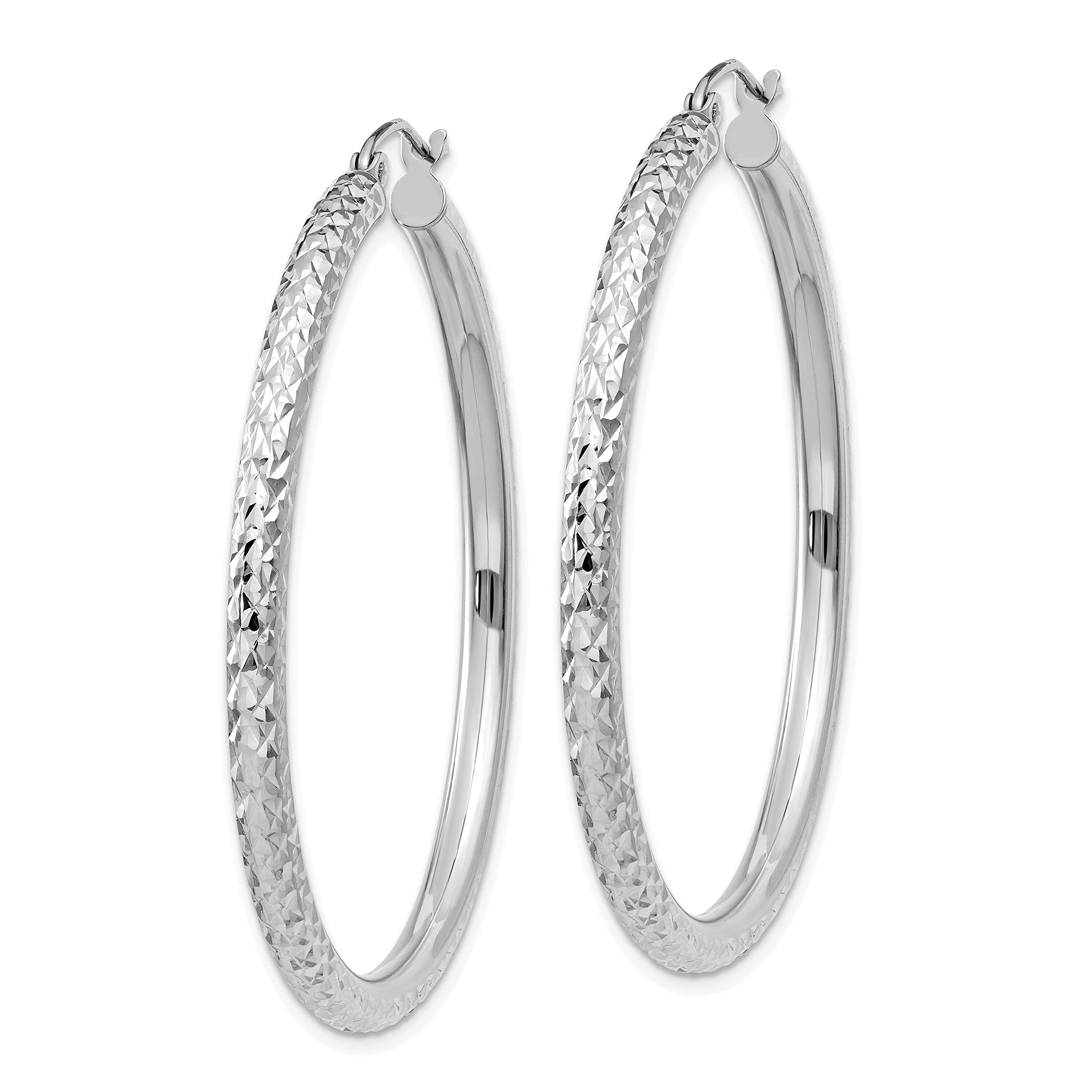 10K White Gold Diamond Cut Round Hoop Earrings - 40mm x 3mm Dainty Everyday Jewelry for Women, Perfect for Work, Date Night & Special Occasions