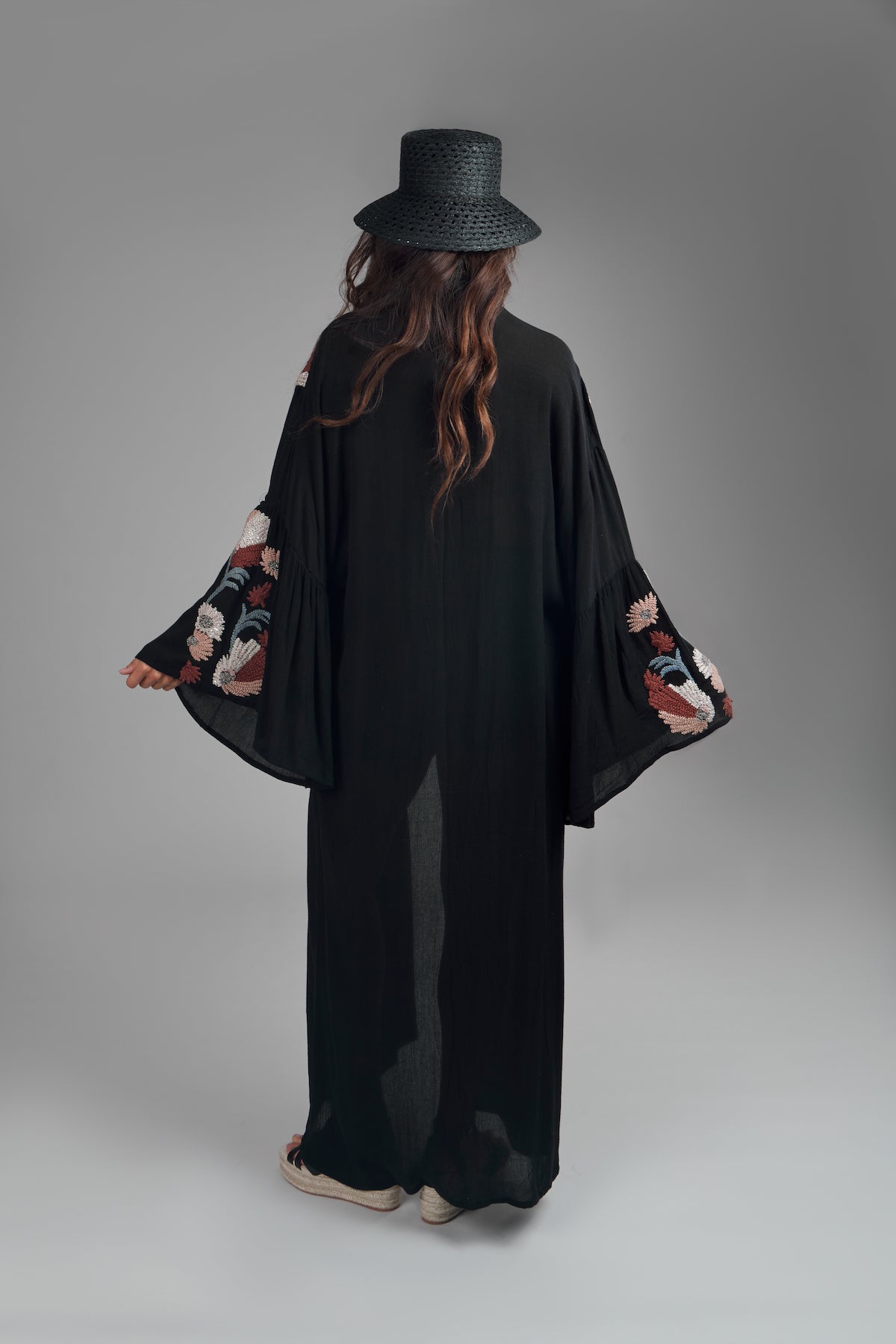 Floral Embellished Long Kimono Robe - Elegant Boho Cover Up for Women - Perfect for Beach, Pool, Vacation & Loungewear