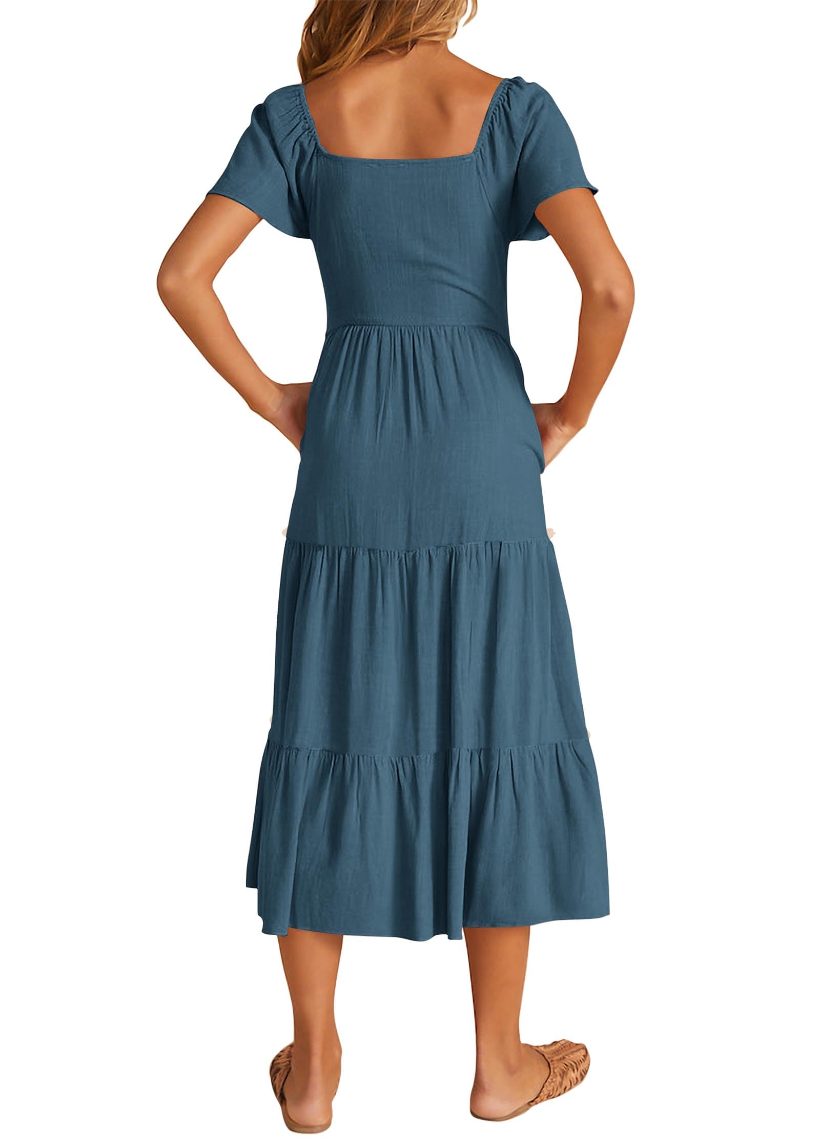 KIRUNDO Women's Linen Short Sleeve Midi Dress - V Neck Button Down Tiered Sundress with Pockets for Spring Summer Casual Wear | Beach Vacation, Brunch, Date Night Outfits
