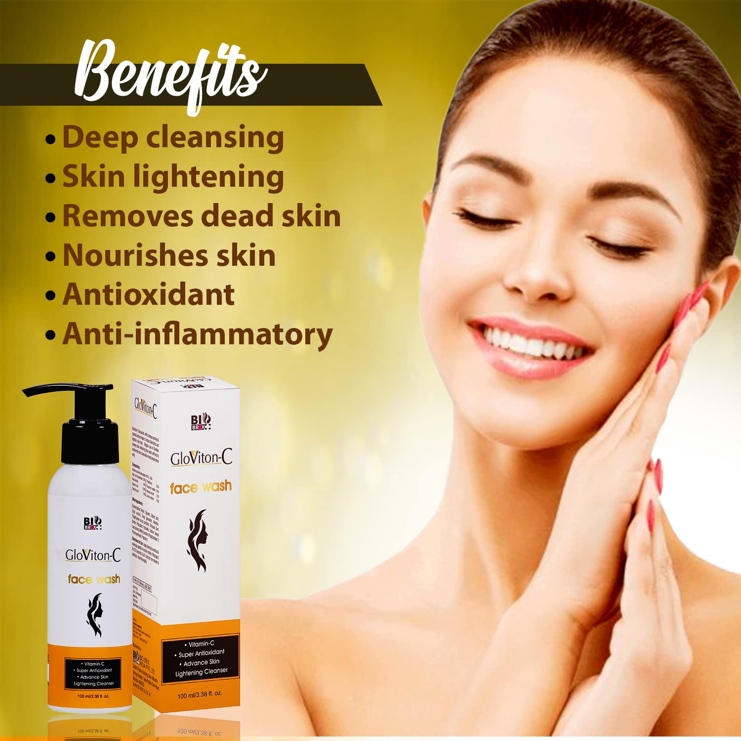 Gloviton-C Vitamin C Face Wash with Kojic Acid, Glycolic Acid & Salicylic Acid - Brightening & Exfoliating Cleanser for Acne, Dark Spots & Uneven Skin Tone - Perfect for Morning & Night Skincare Routine