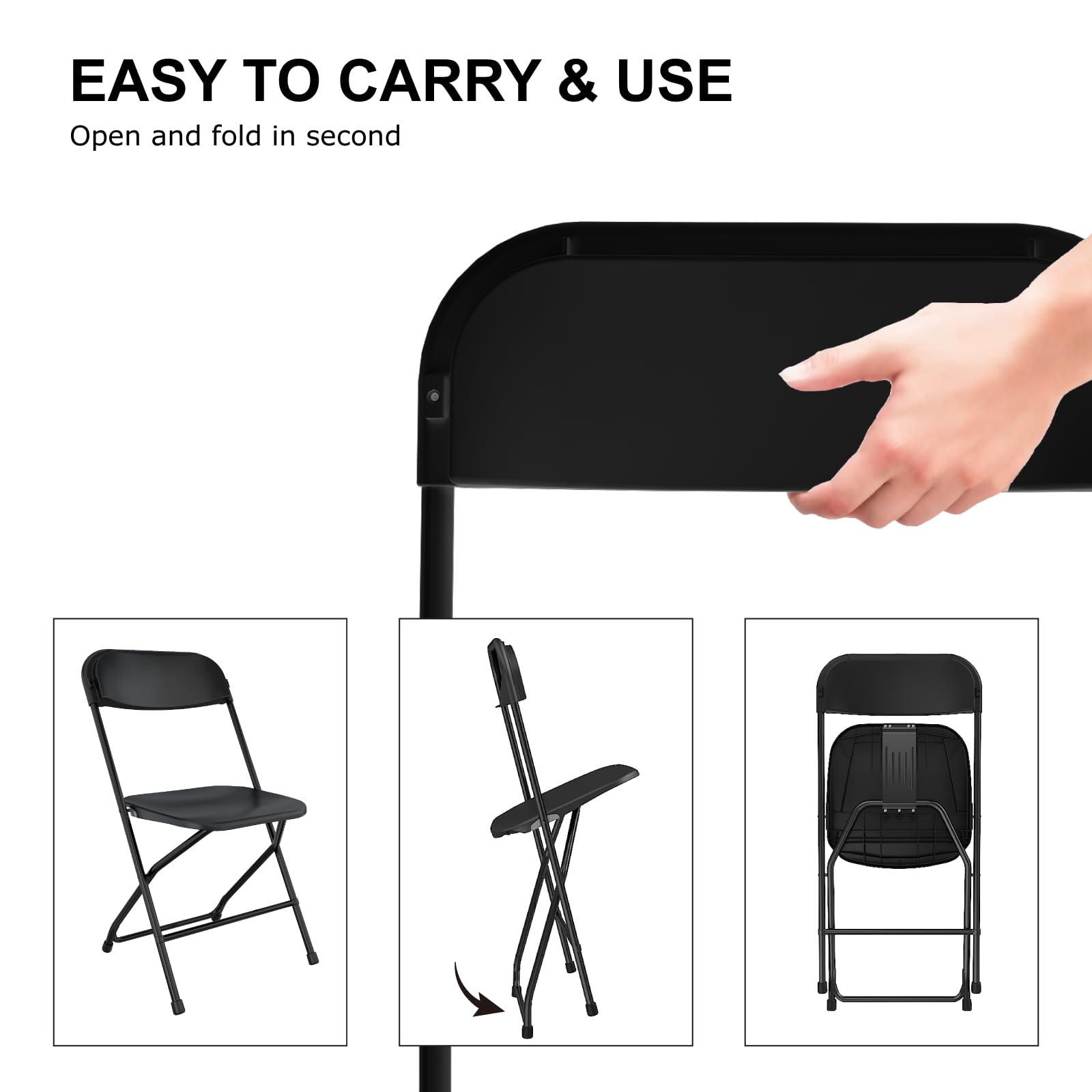 10 Pack Black Folding Chairs - Heavy Duty Stackable Plastic Chairs for Indoor & Outdoor Use - Steel Frame Supports 350LBS - Perfect for Parties, Weddings, Office, School & Dining Events