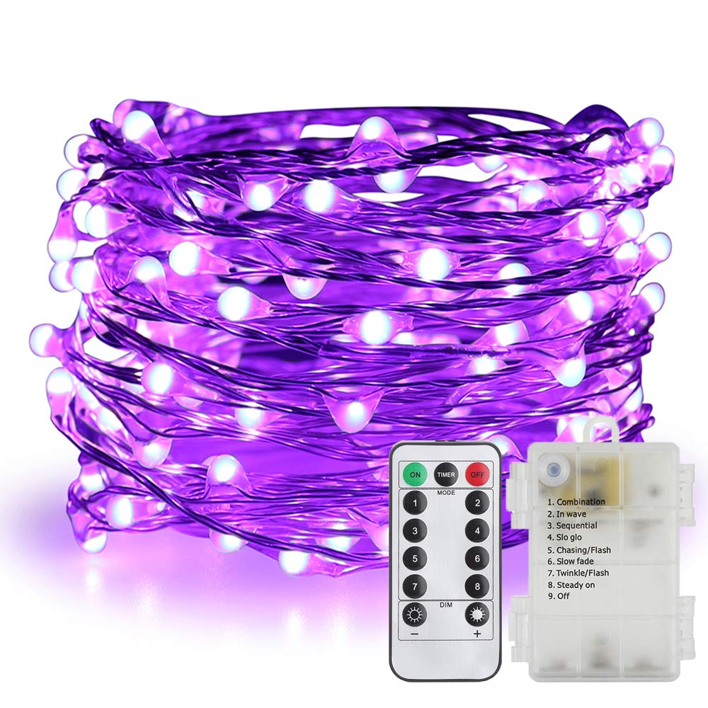 Fairy Lights Battery Operated - 100 LED Waterproof String Lights with Remote & Timer, 33ft Silver Copper Wire, 8 Lighting Modes for Indoor Outdoor Decor (Purple) - Perfect for Bedroom, Wedding, Party, Garden, Christmas and Home Decoration