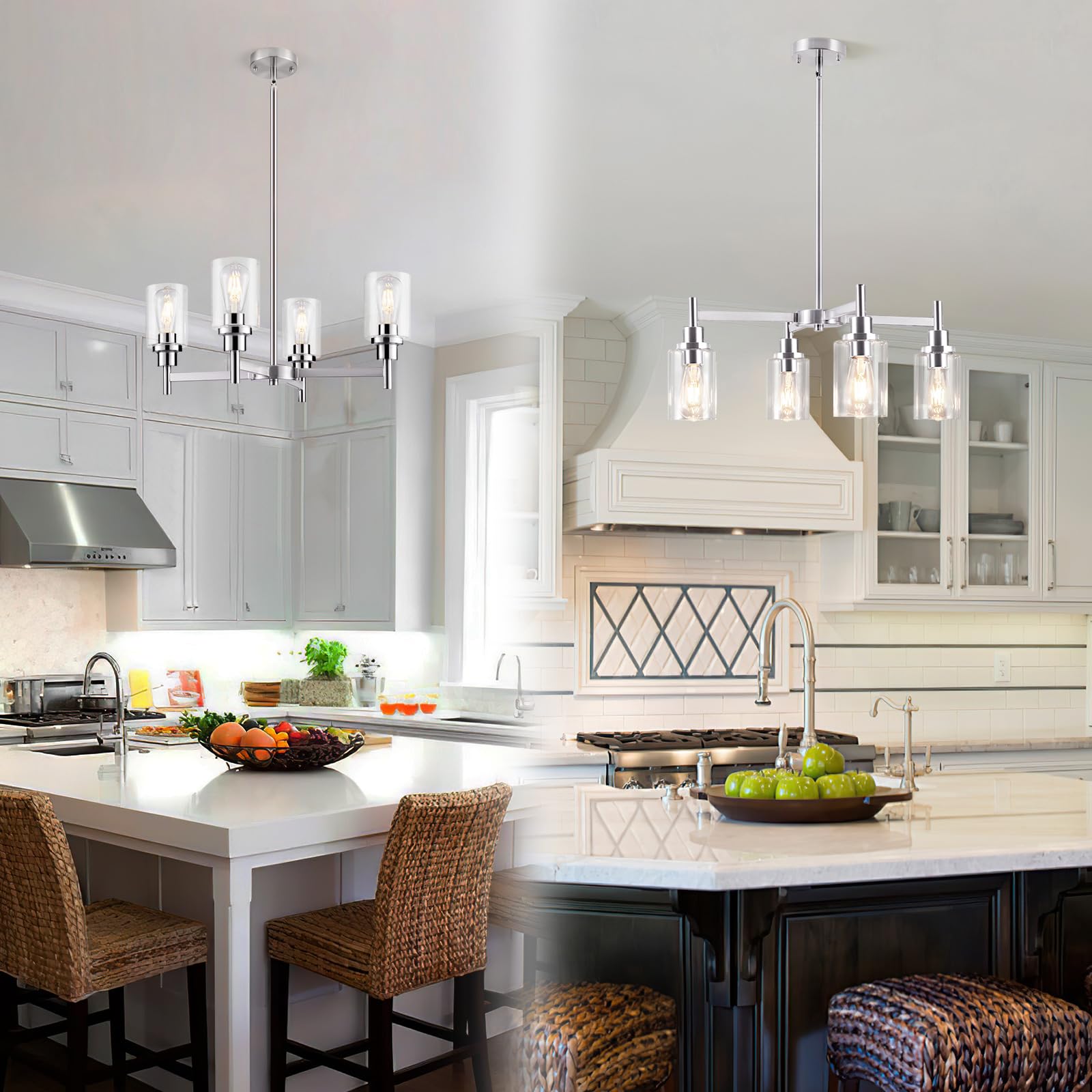 4-Light Brushed Nickel Chandelier - Modern Farmhouse Pendant Lighting Fixture with Glass Shade for Dining Room, Kitchen Island, Foyer & Hallway | Elegant Ceiling Hanging Light for Home Decor & Interior Design