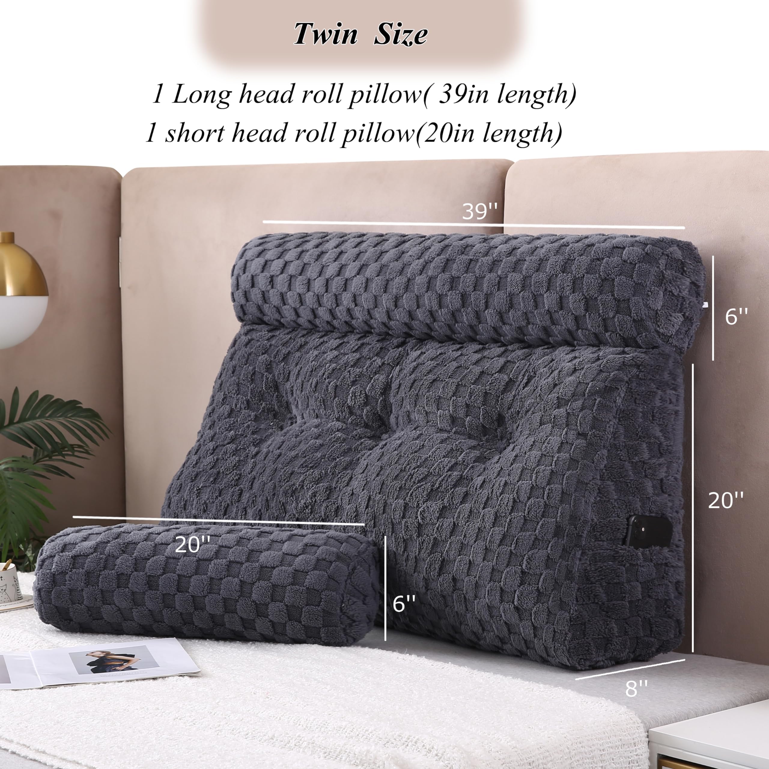 Wedge Headboard Pillows Set - Long & Short Bolster Pillows for Bed Backrest, Comfortable Sitting & Reading in Bed - Perfect for Relaxation, Watching TV, and Lounging