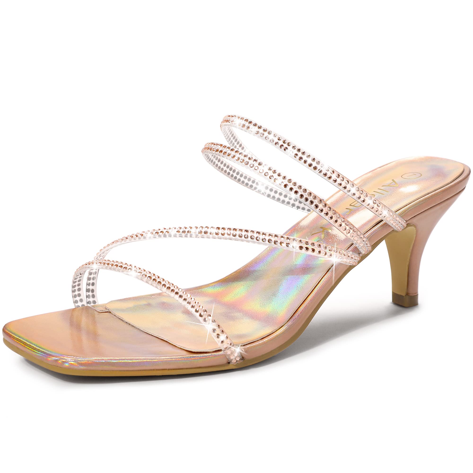Allegra K Women's Rhinestone Strappy Kitten Heel Slide Sandals - Elegant Dressy Heels for Parties, Weddings & Evening Events