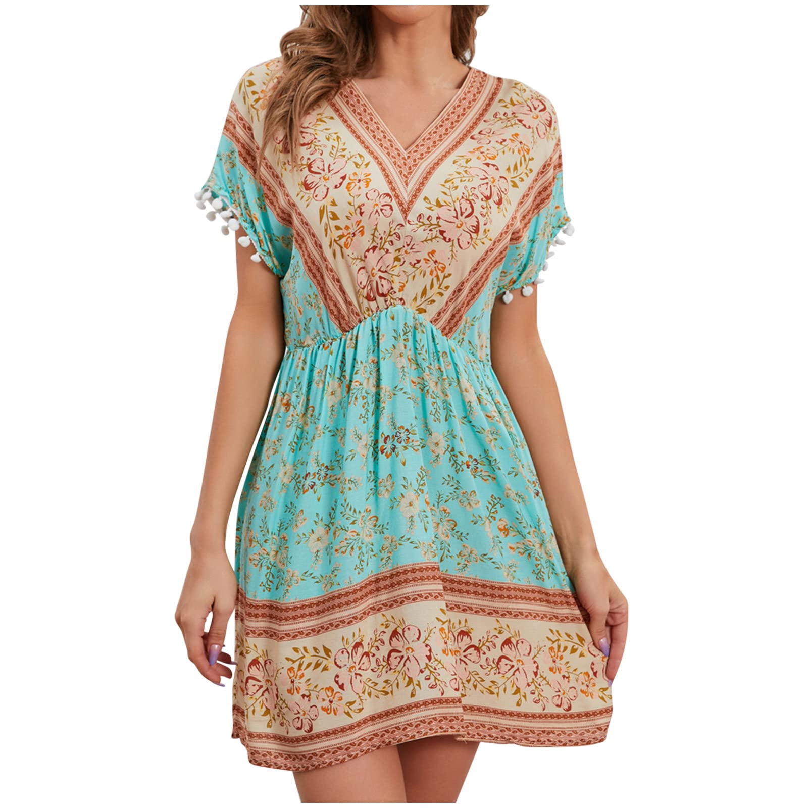 Women's Summer Dresses 2023 - Bohemian Floral Print Short Sleeve Maxi Dress with Pockets | Casual Loose Fit Sexy Long Dress for Beach, Vacation & Outdoor Parties