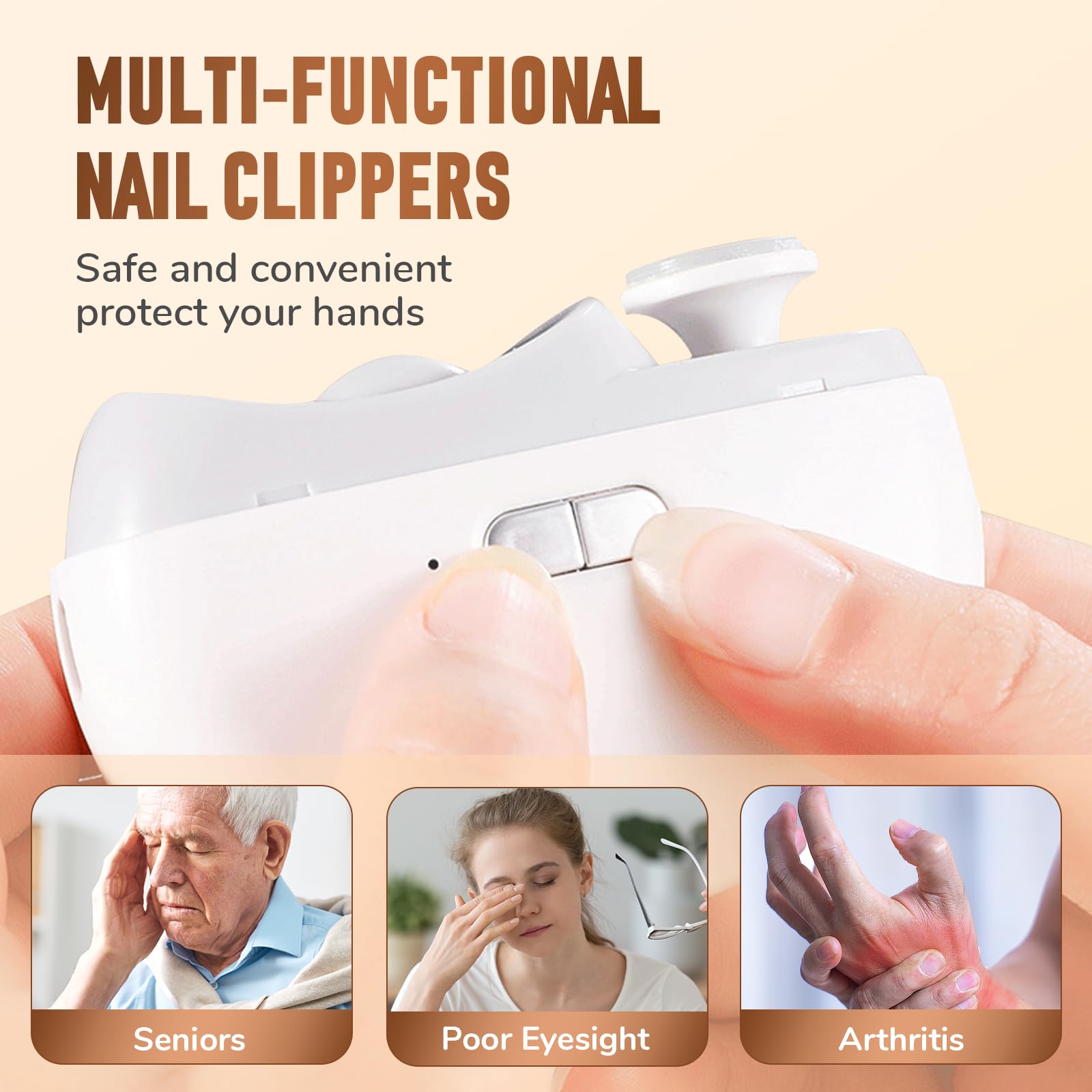 3-in-1 Rechargeable Electric Nail Clipper & Trimmer with Polishing File - Safe Automatic Nail Care for Seniors & Adults (White) | Perfect for Home Use, Travel, and Elderly Foot Care