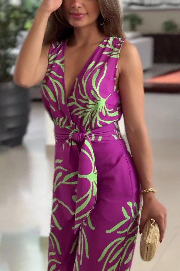 Stylish Printed V-Neck Sleeveless Waist Tie Jumpsuit for Women - Perfect for Summer Outfits, Beach Vacations & Casual Date Nights