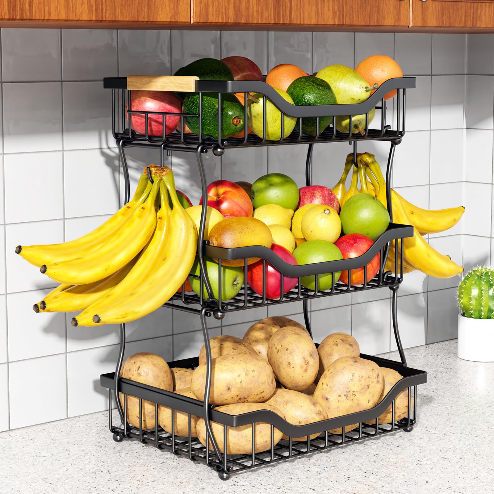 3-Tier Fruit Basket with Banana Hangers - Wall Mount & Countertop Kitchen Organizer for Fruits, Vegetables, Bread, Snacks - Perfect for Small Kitchen Storage & Pantry Organization (Ideal for Apartments, Dorms & Counter Space Saving)