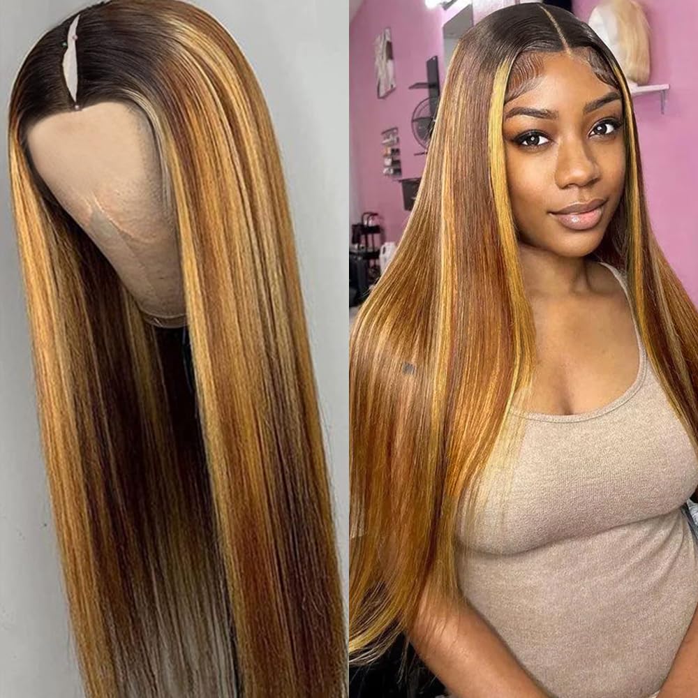 Ombre V Part Human Hair Wigs 24 Inch - Straight Balayage Blonde Clip In Half Wigs 180% Density Glueless Full Head Wigs for Women | Natural Look for Daily Wear, Parties & Special Occasions