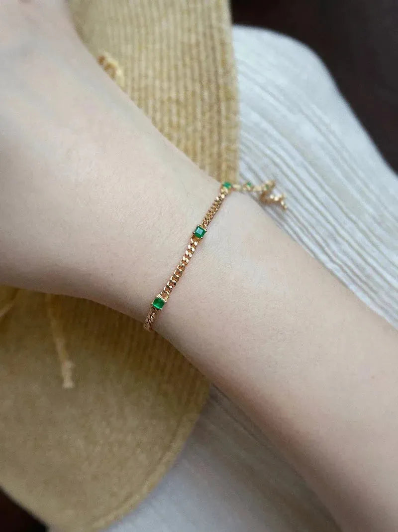 18K Yellow Gold Bracelet for Women - Real Natural Emerald or Diamond Fashion Jewelry, Elegant INS Style Birthday Gift for Her - Perfect for Anniversaries, Parties & Special Occasions