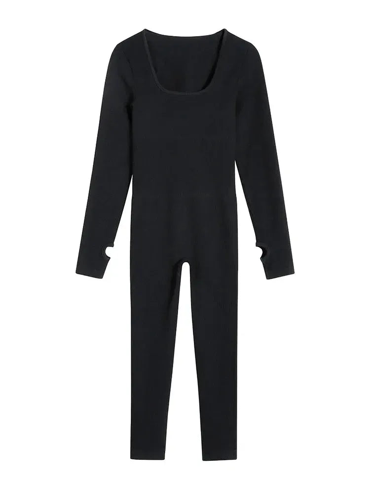 Women's Ribbed Long Sleeve Yoga Jumpsuit - Square Neck Workout Romper Bodysuit for Gym, Pilates & Home Exercise | Comfortable Sportswear for Women's Fitness & Active Lifestyle