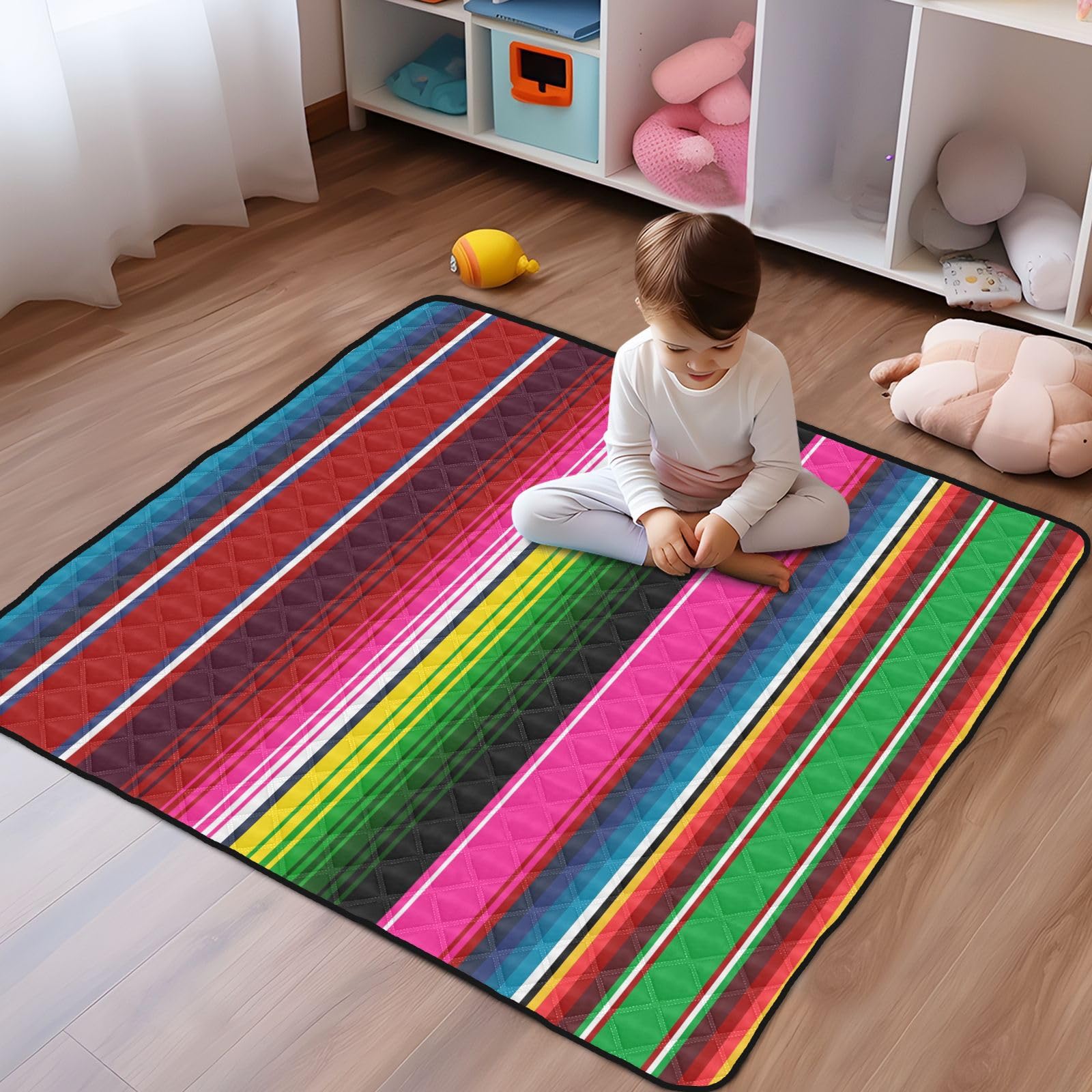 Soft Mexican Serape Stripe Baby Play Mat - 50'' x 50'' Washable Foam Activity Mat for Infants & Toddlers | Indoor/Outdoor Tummy Time & Crawling Mat - Perfect for Nursery, Playroom, Park & Beach