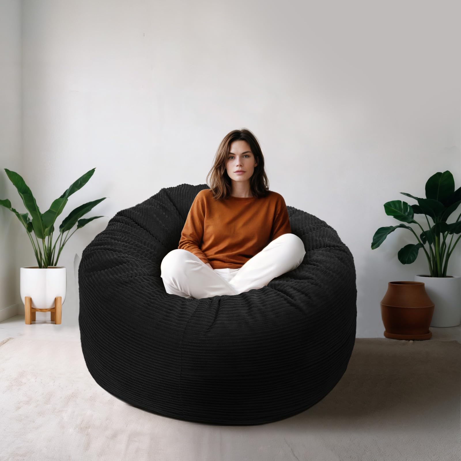 4FT Giant Bean Bag Chair for Adults - Plush Microfiber Removable Cover with Memory Foam - Oversized Comfortable Sofa Chair for Reading, Gaming & Relaxation - Perfect for Living Room, Bedroom & Game Room (Black)